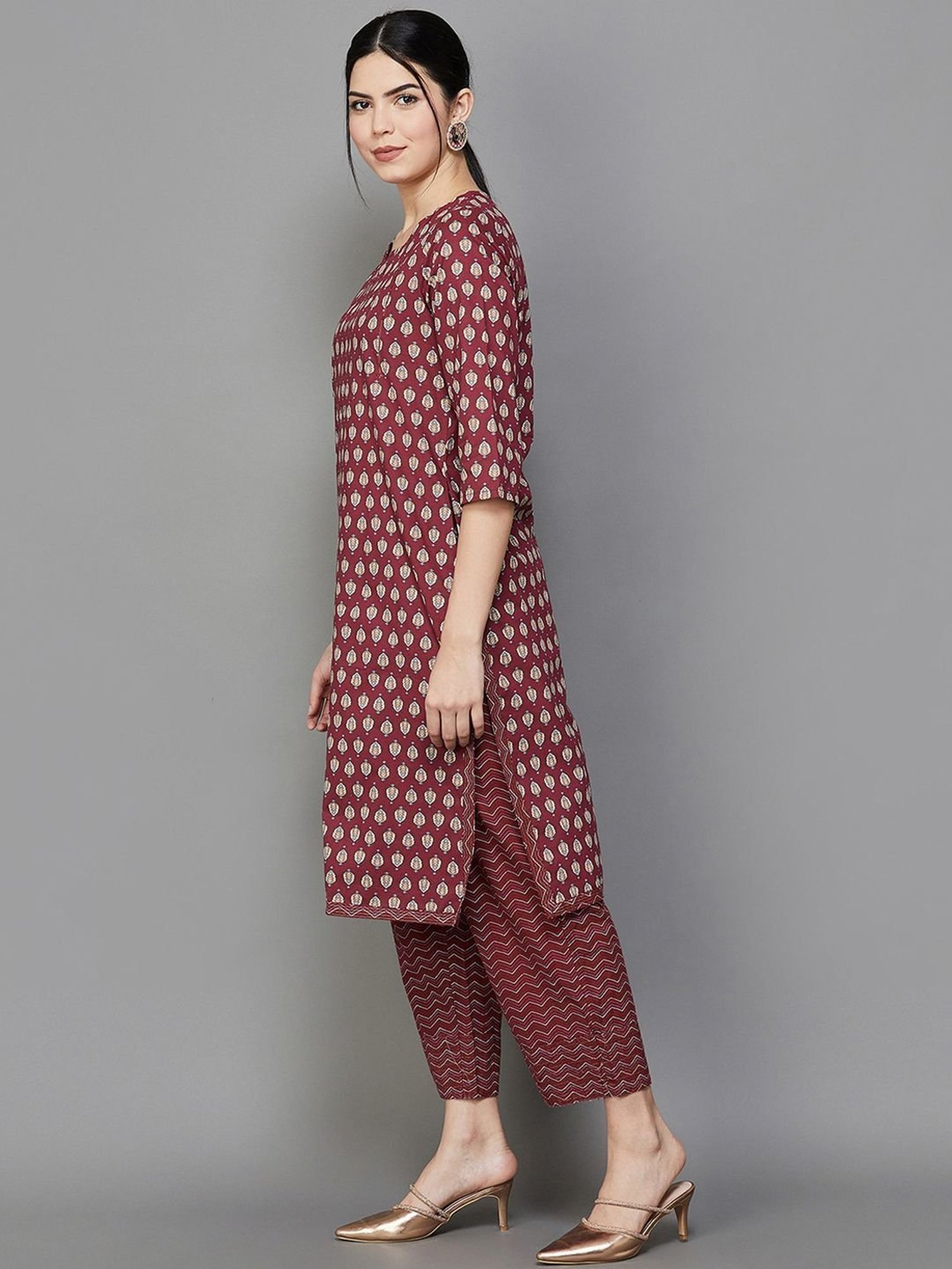 Melange by Lifestyle Maroon Cotton Printed Kurta Pant Set