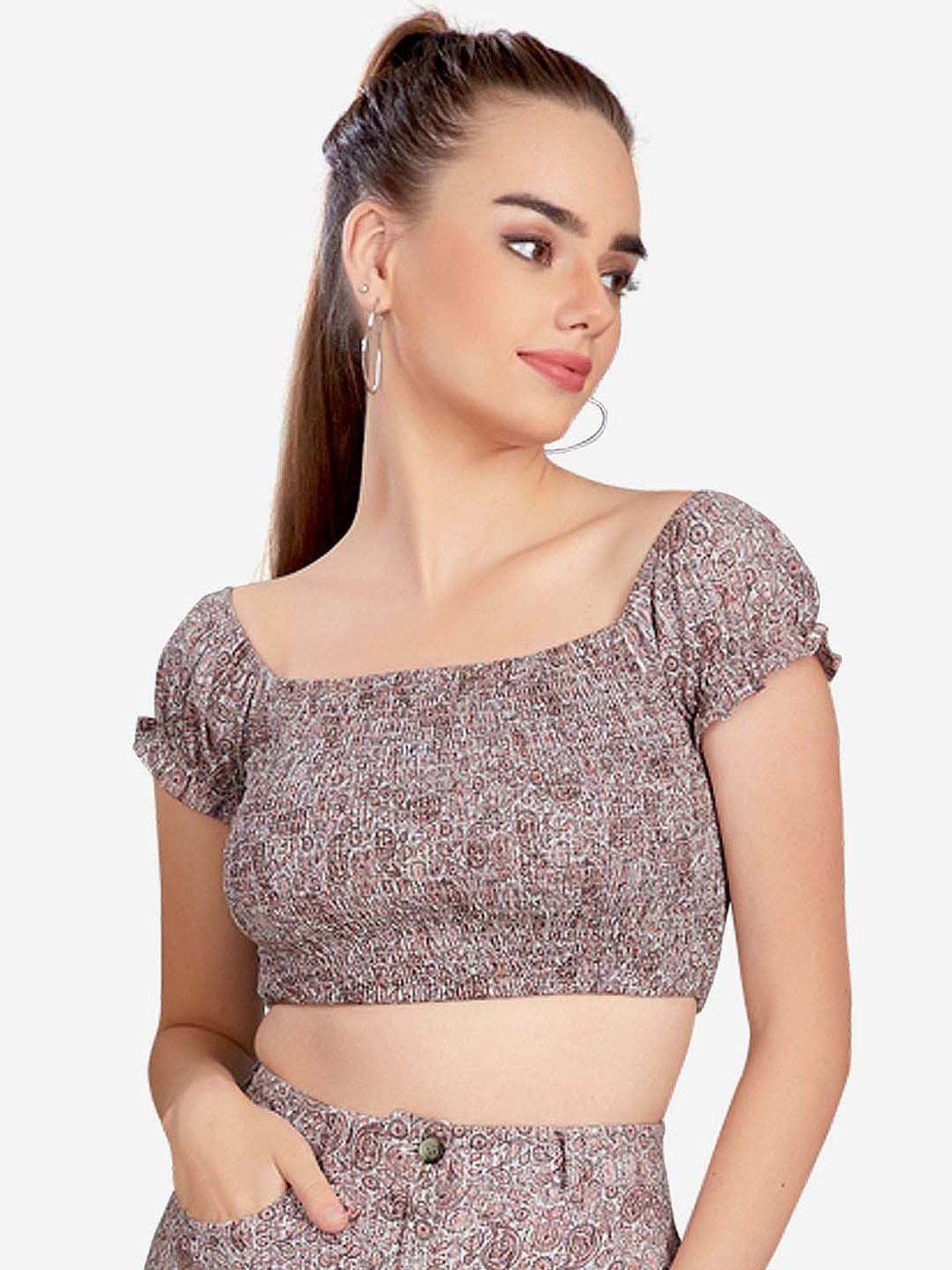 VASTRADO Brown Printed Crop Top