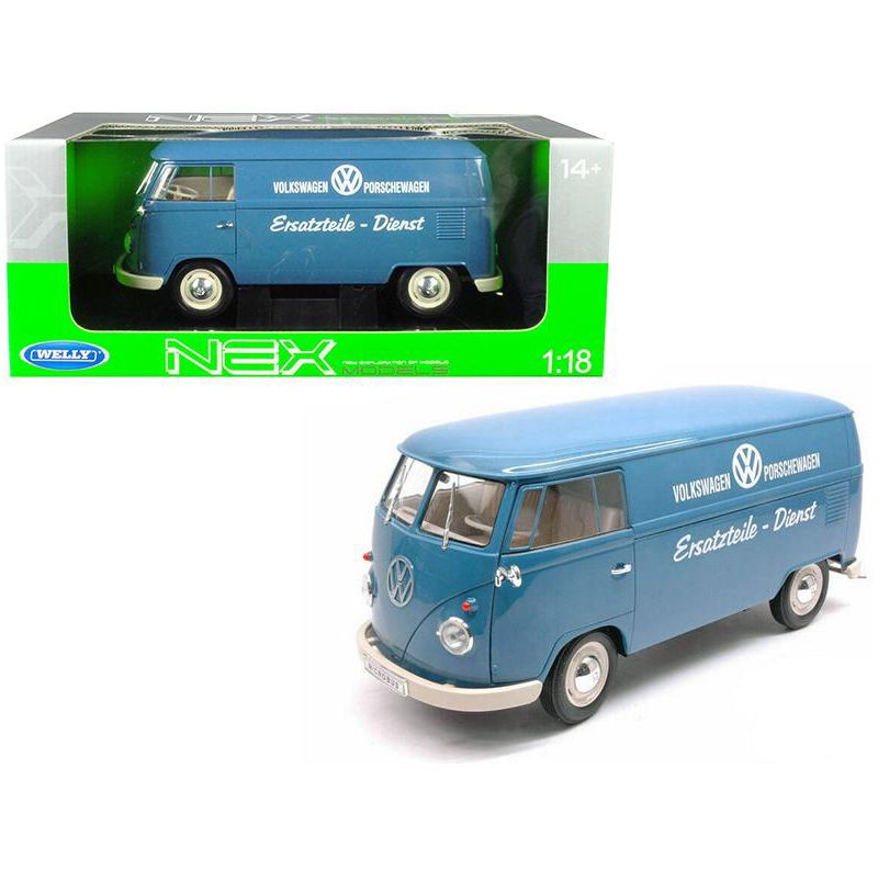 1963 Volkswagen T1 Microbus "Volkswagen Porschewagen" Blue 1/18 Diecast Model by Welly