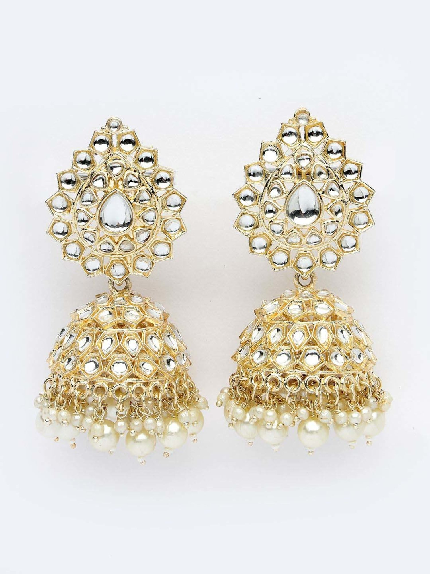 NVR Gold-Plated Handcrafted Kundan Dome Shaped Jhumki Earrings for Women