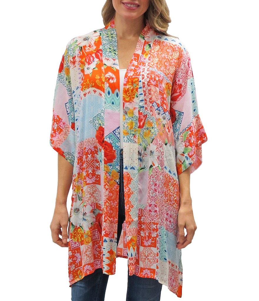Karyn Seo Alva Patch Print Open Front 3/4 Sleeve Chiffon Kimono