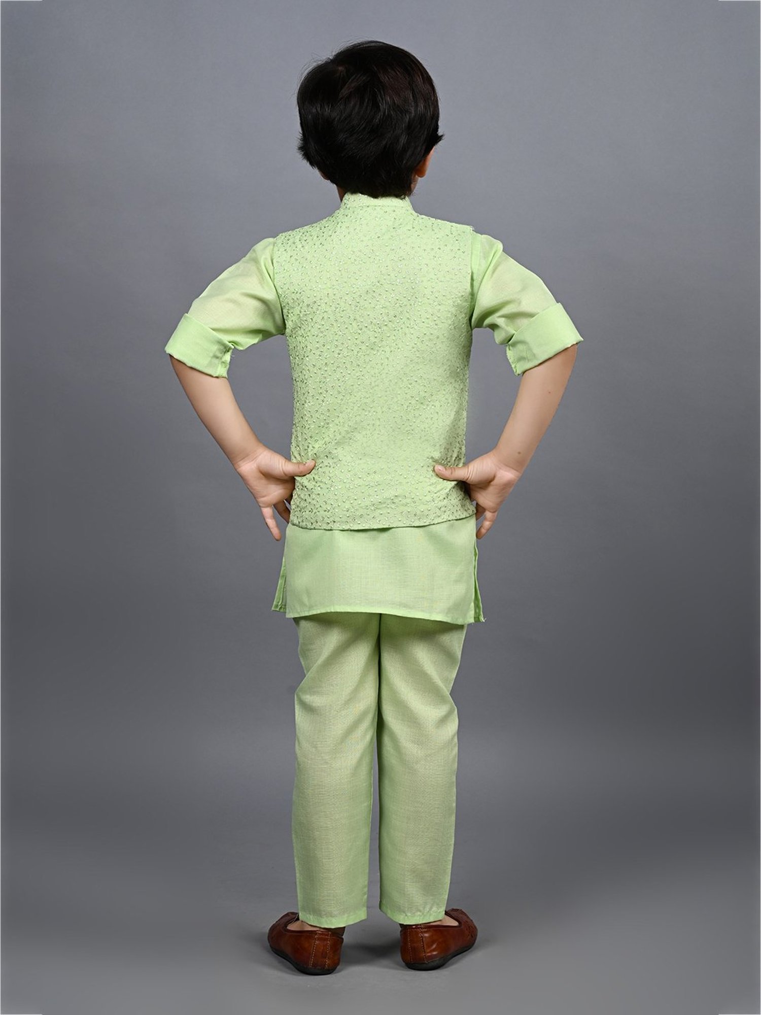 Ahhaaaa Kids Green Embellished Full Sleeves Sherwani, Jacket & Pyjamas