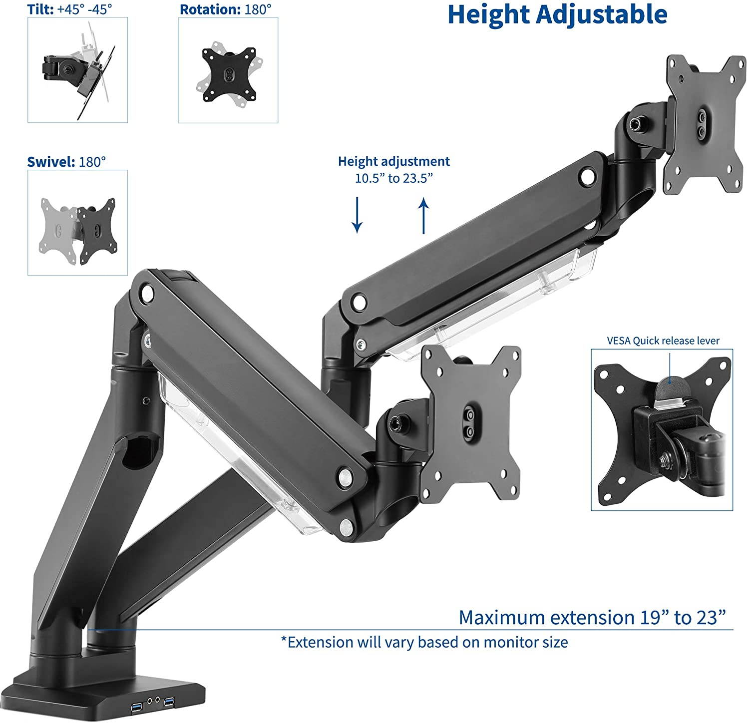 VIVO Dual Monitor Counterbalance Desk Mount Stand w/ USB & Multi Media Ports | Fits Screens up to 32" (STAND-V102G2U)