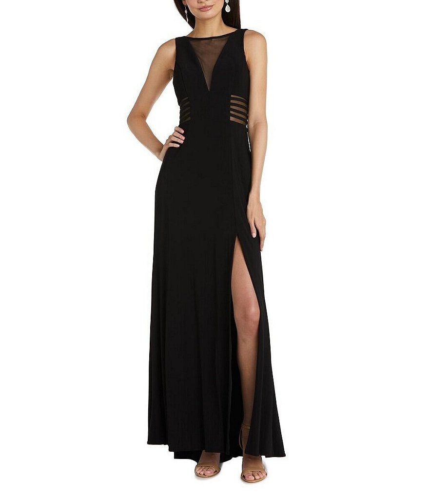 Morgan & Co. Power Mesh Deep V Plunging Neck Long Dress