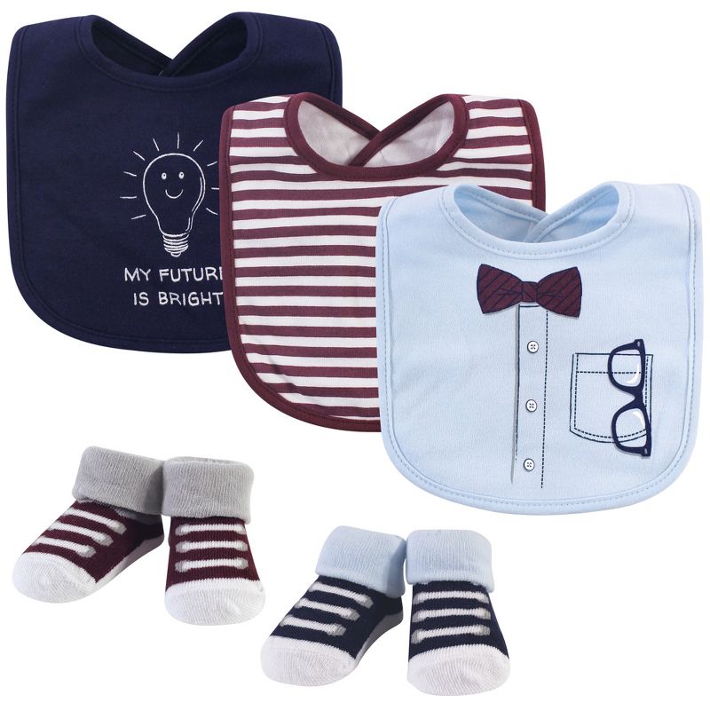 Little Treasure Baby Boy Cotton Bib and Sock Set 5pk, Genius, One Size