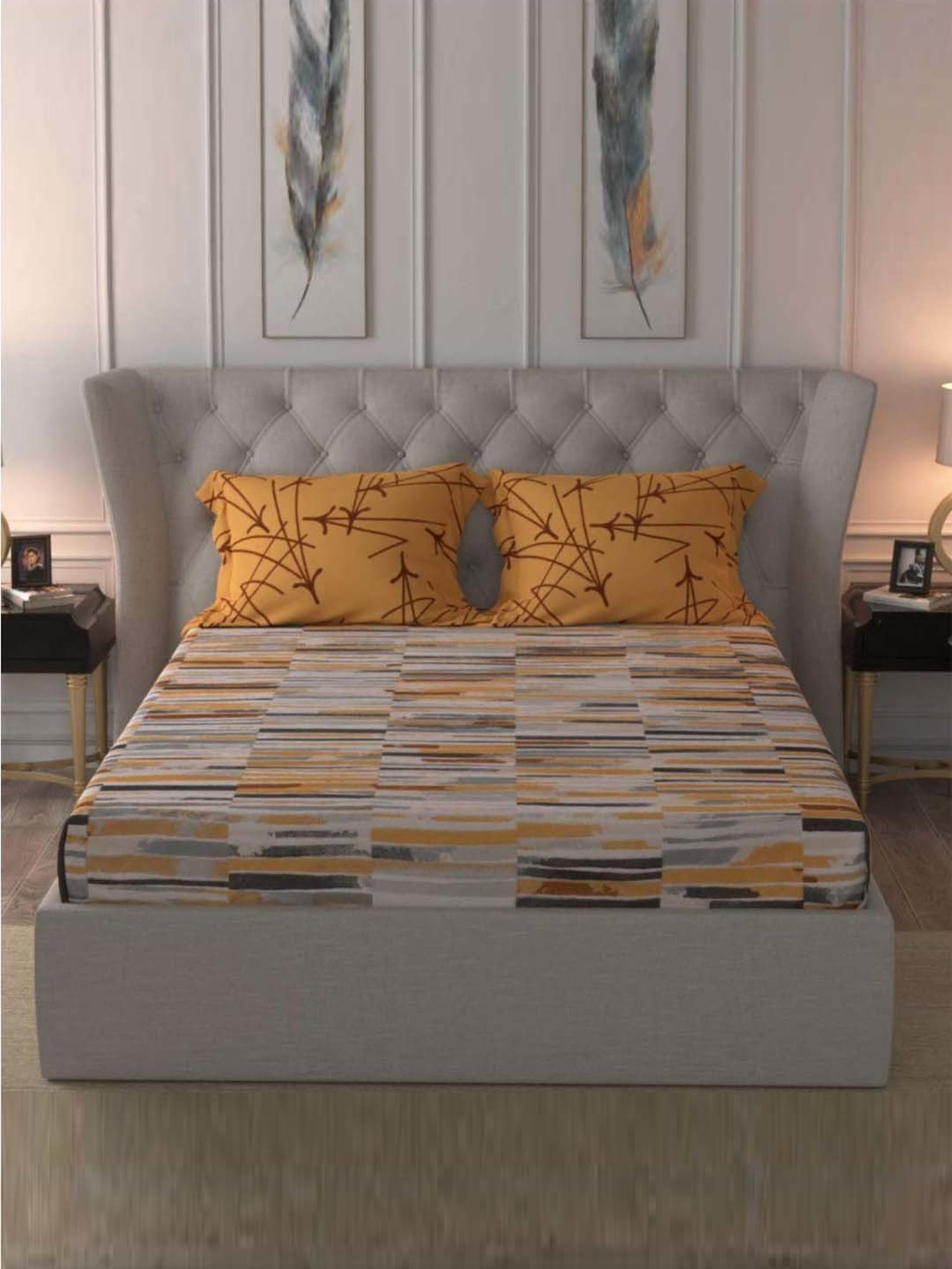 Urban Space Divine Mustard Cotton 144 TC King Fitted Bedsheet With Pillow Covers