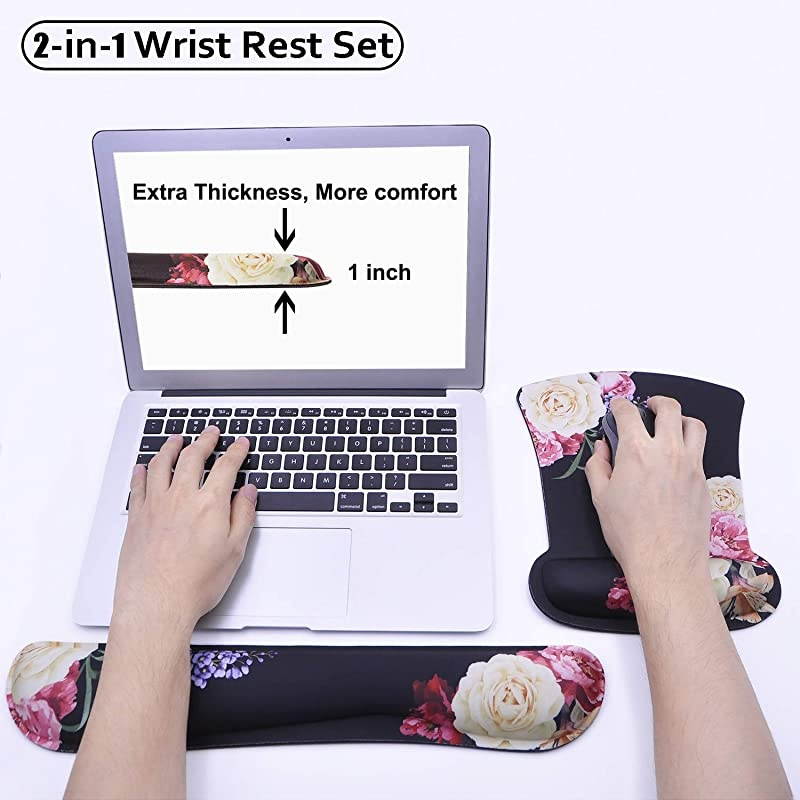 Black Peony Mouse Pad with Wrist Support and Keyboard Wrist Rest Pad Set for Computers & Laptop, Made of Memory Foam, Soft and Breathable, Ergonomic Design, Non-Slip Rubber Base, Easy Typing