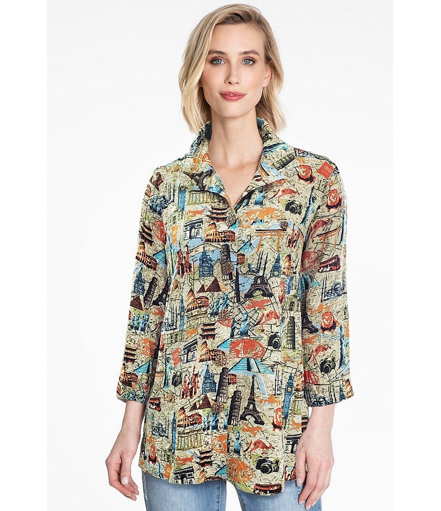 John Mark 3/4 Sleeve Wire Point Collar Neck Crinkle Novelty Print Pocket Tunic