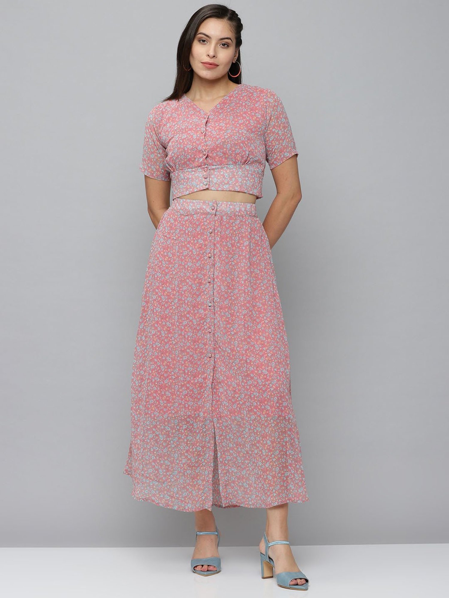 SHOWOFF Pink Blended Printed Top With Skirt