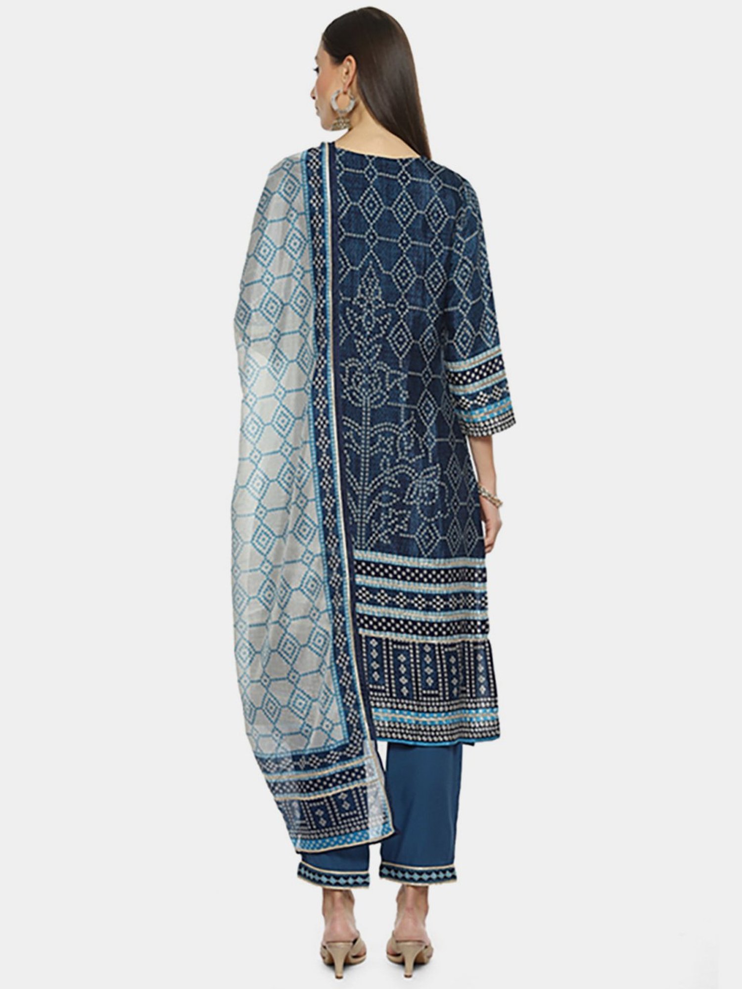 Biba Blue Printed Kurta Pant Set With Dupatta