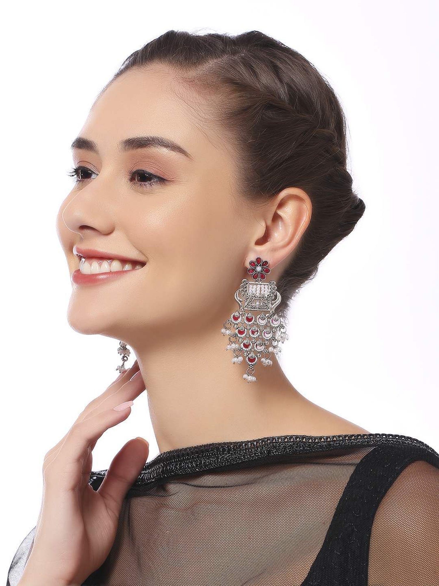 OOMPH Oxidised Silver Maroon Stones Waterfall Design Ethnic Dangler Earrings