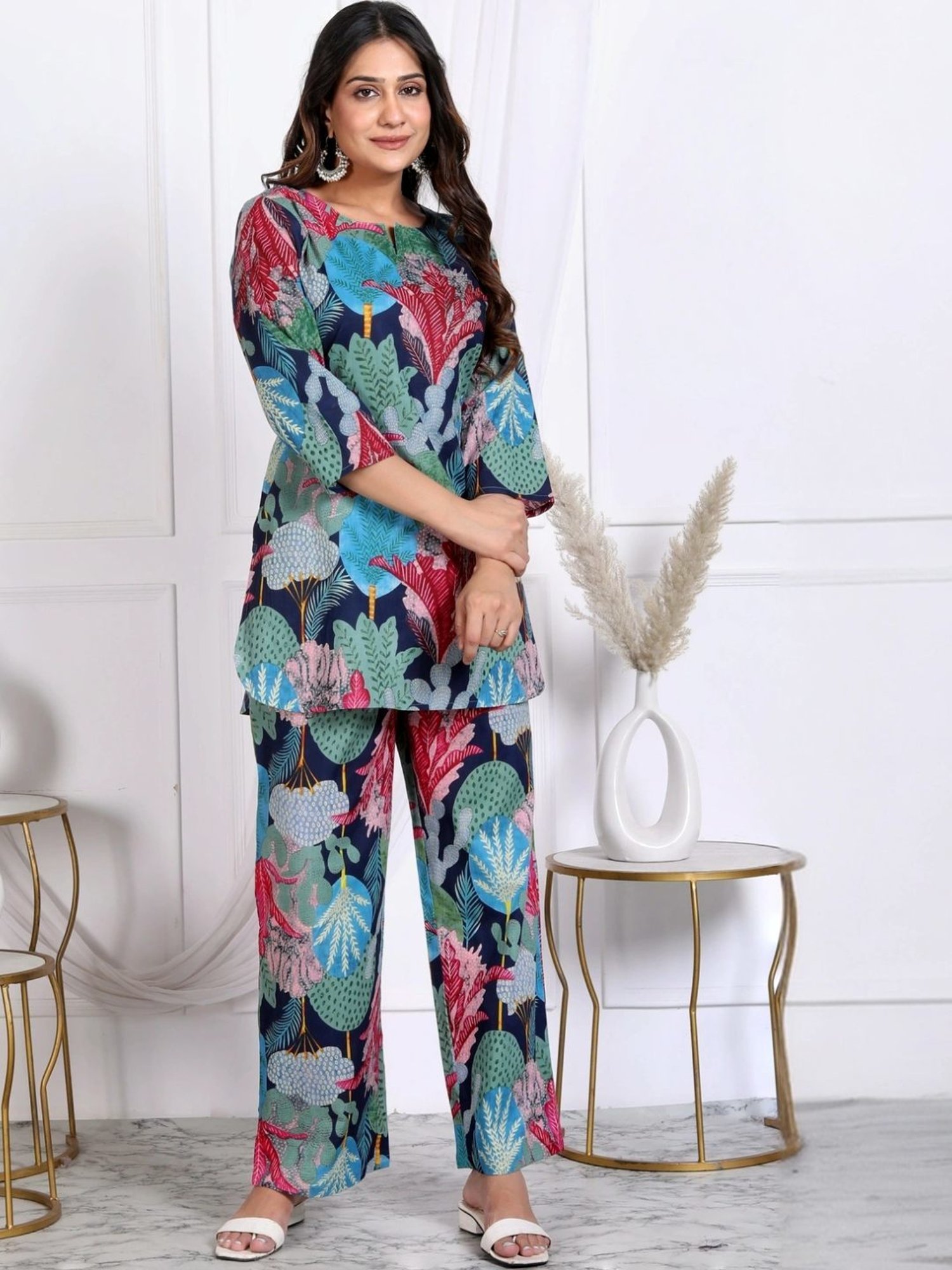 Kaftanize Multicolored Tropical Collage Printed Cotton Tunic with Pant
