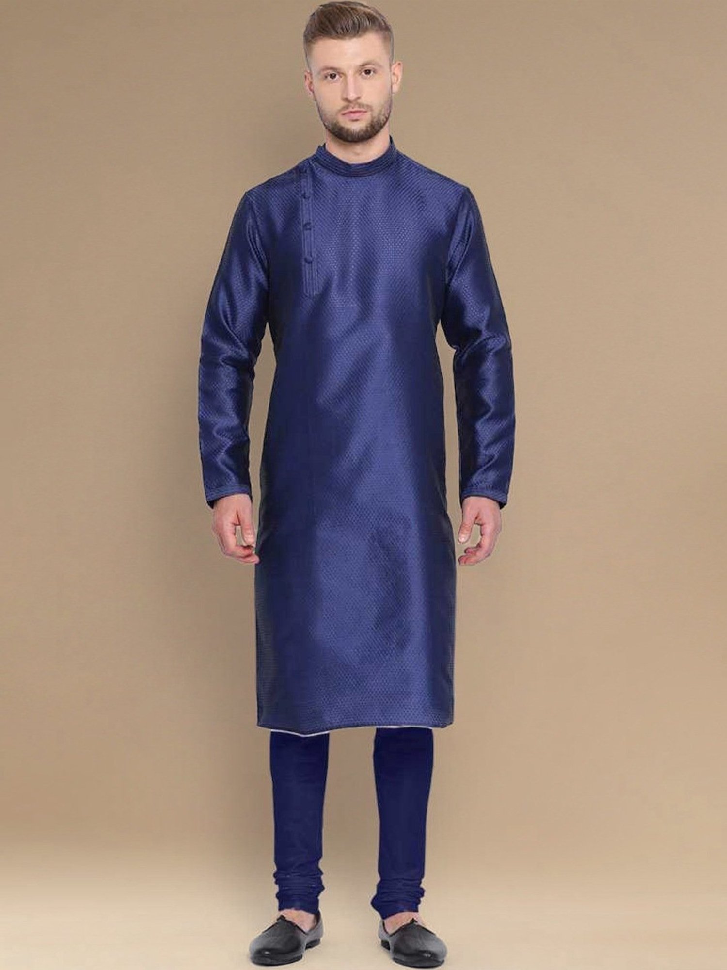 Sanwara Blue Cotton Regular Fit Self Pattern Kurta Bottom Set