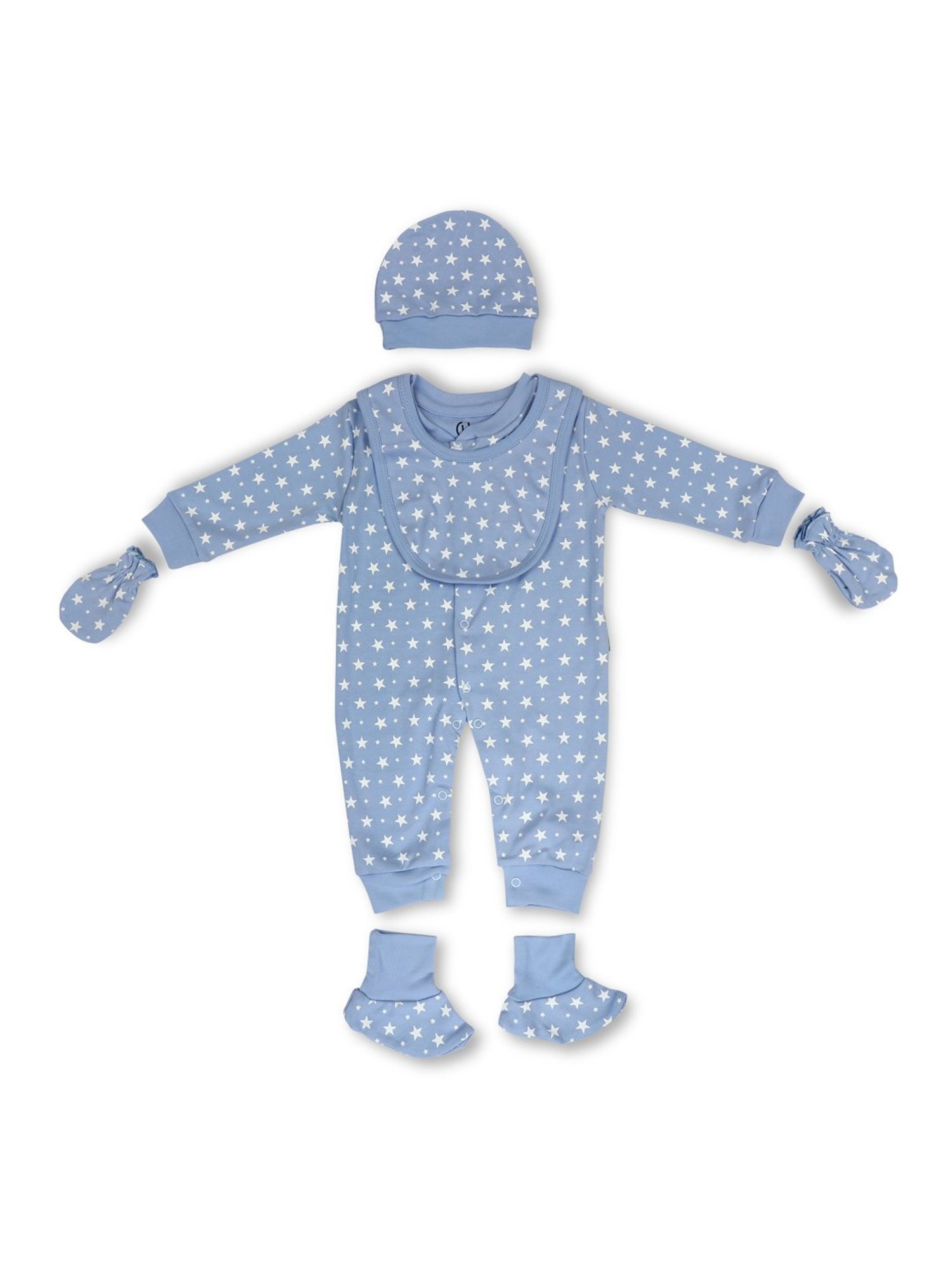 GJ baby Blue Printed Full Sleeves Bodysuit, Bib, Cap, Mittens with Socks
