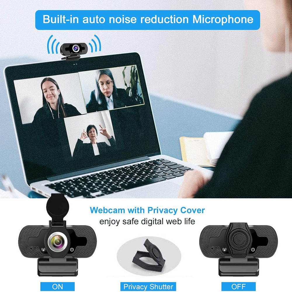 Full HD Webcam, USB 1080P Webcam with Microphone, Pro Streaming Camera for Video Calling, Mini Plug and Play, Webcam Cover, Conferencing,Flexible Rotatable Clip