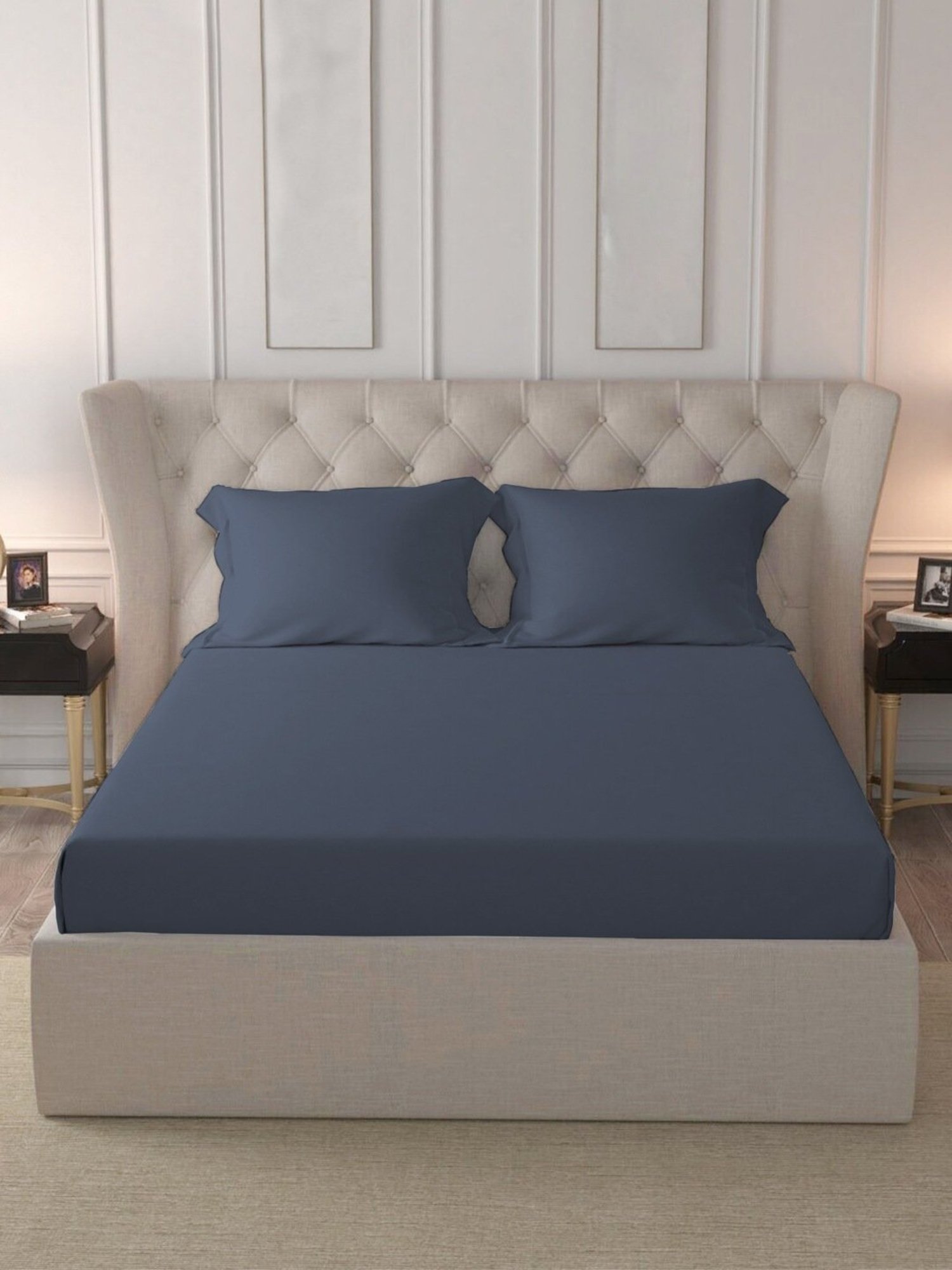 Pizuna Dark Blue 400 TC Cotton King Bed Sheet with 2 Pillow Covers