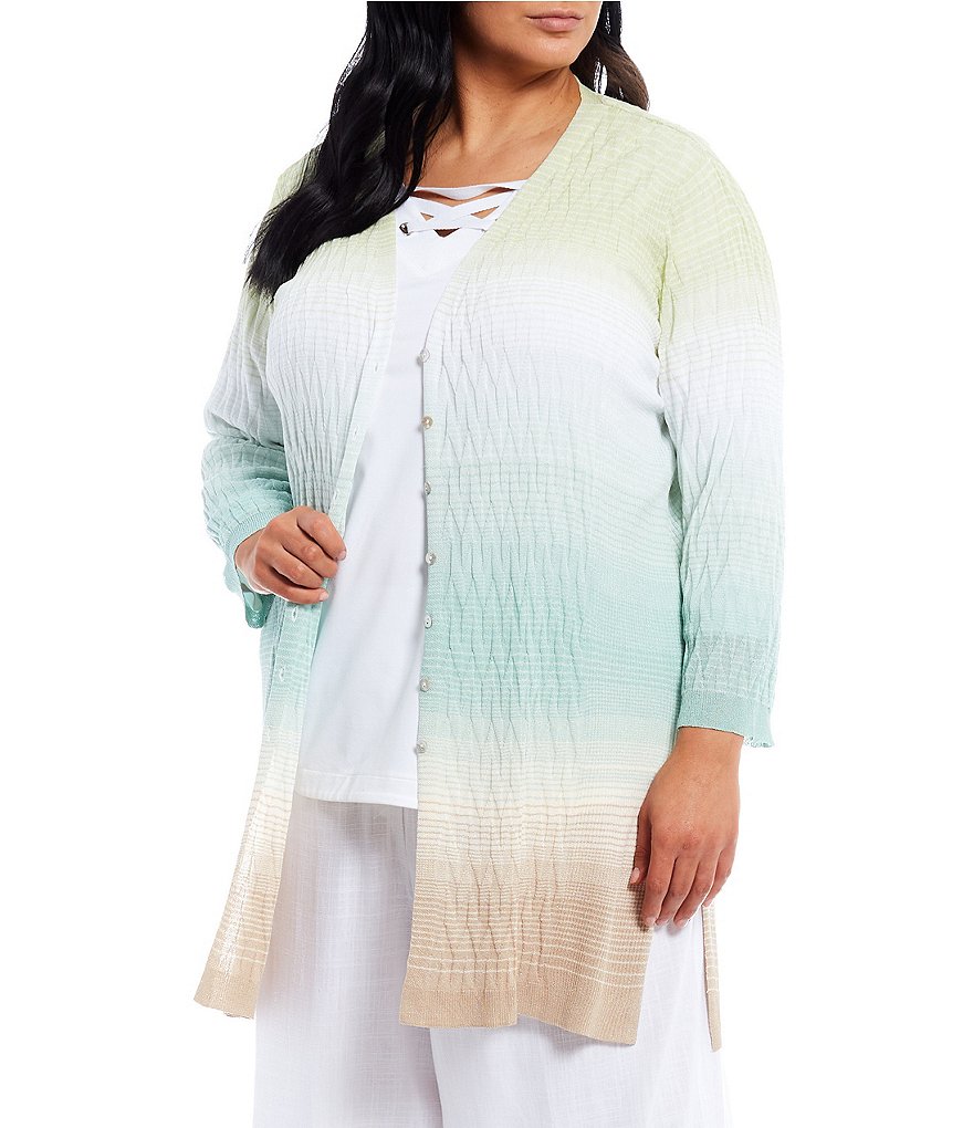 Ruby Rd. Plus Size Ombre Striped 3/4 Sleeve Button Front Long Cardigan