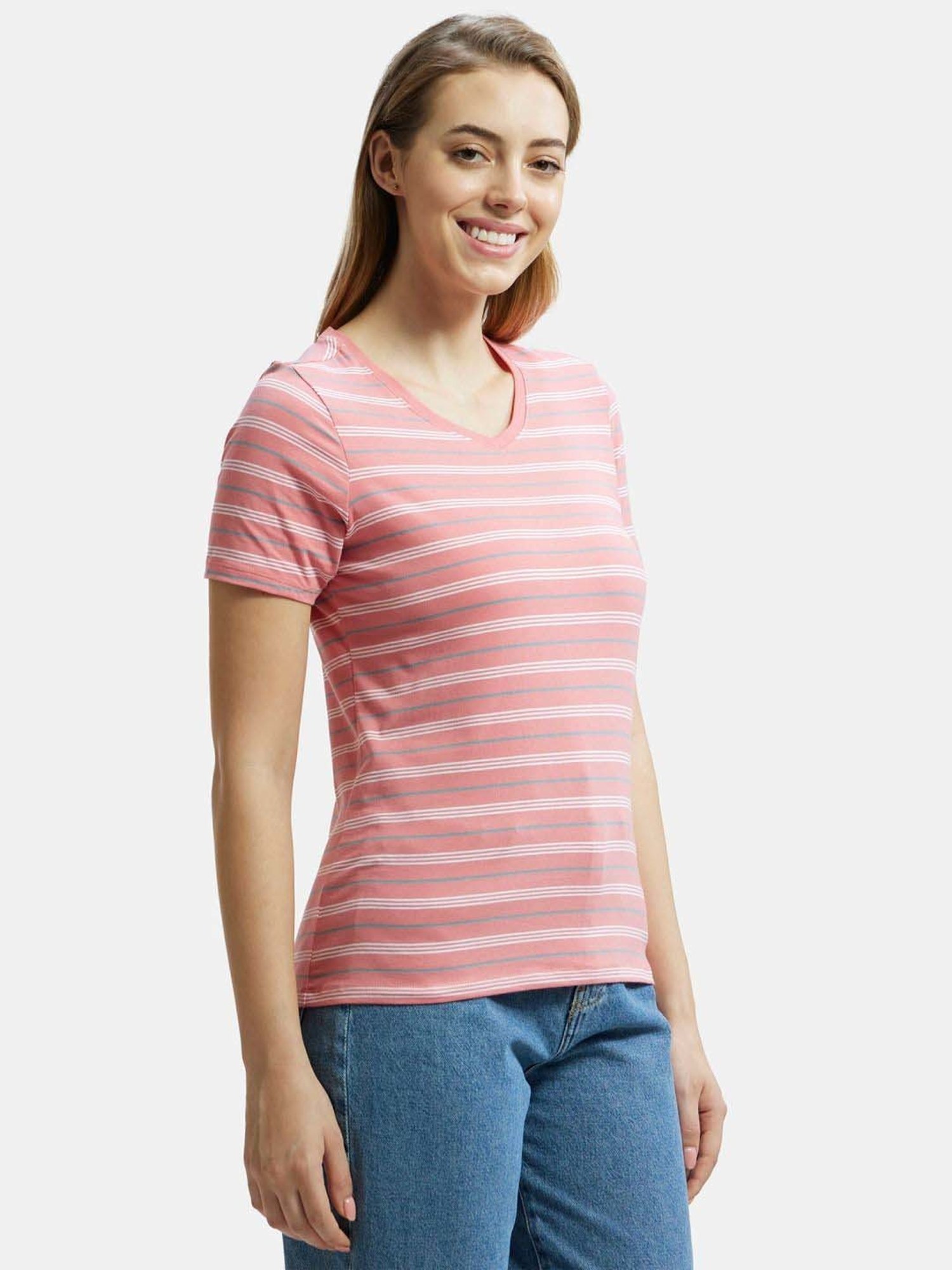 Jockey AW22 Women's Super Combed Cotton Elastane Regular Fit Striped V Neck Half Sleeve T-Shirt