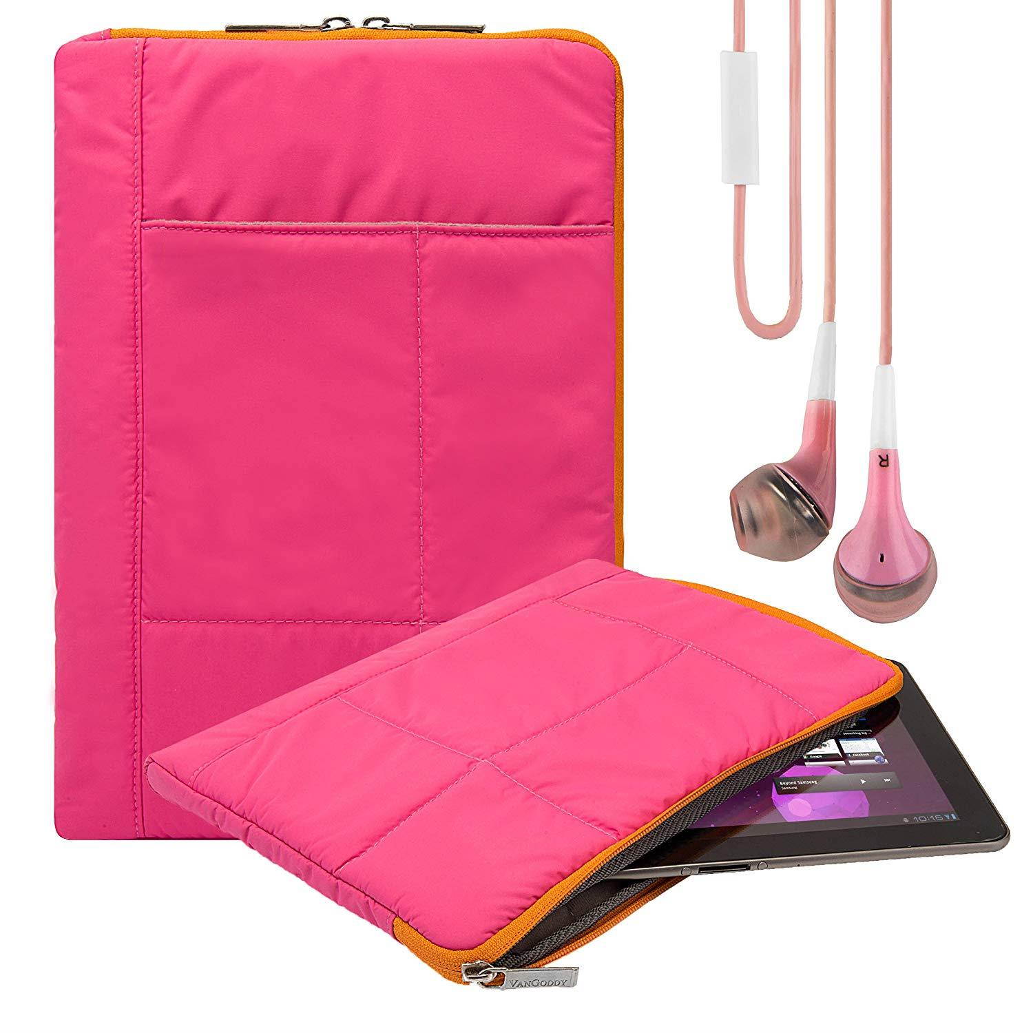 Vangoddy Pillow Zippered Sheen Quilted Sleeve [PNK] For Fire HDX 8.9-inch/Andteck TouchTab 10.1-inch/iPad Air 2 + Earbuds
