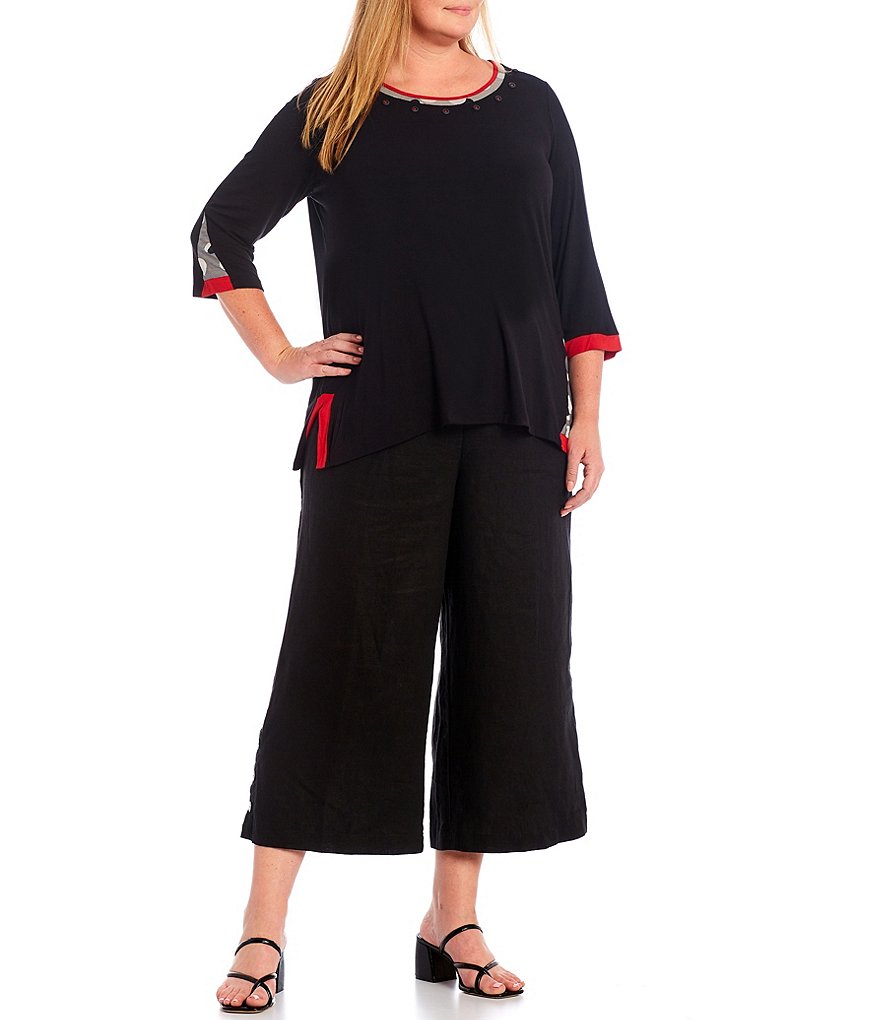 Ali Miles Plus Size Button Trim Printed Jewel Neck Elbow 3/4 Sleeve Tunic