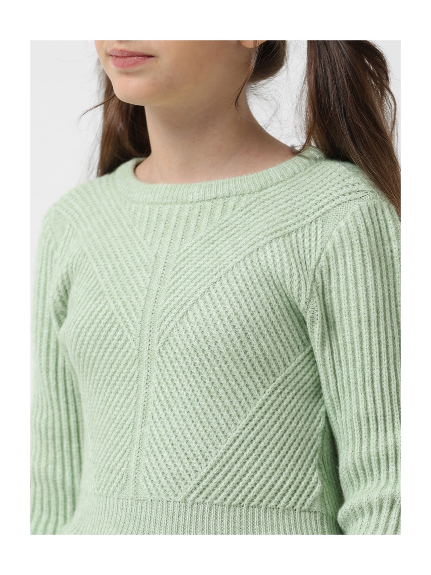 VERO MODA GIRL Green Self Design Full Sleeves Sweater