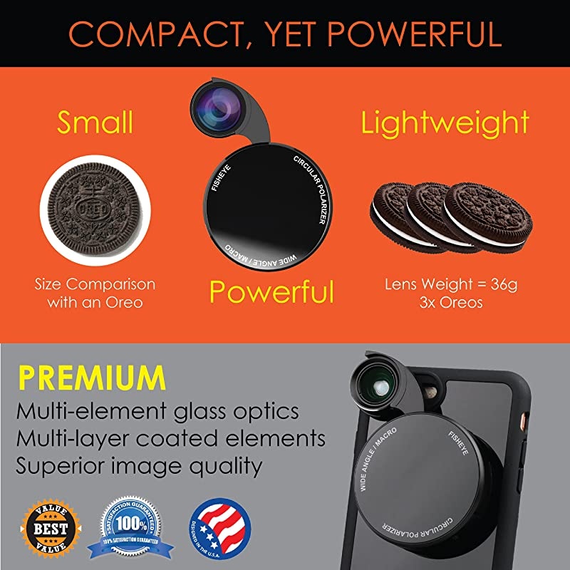 Designer Revolver M Series Camera Kit: 4 in 1 Lens with Case for iPhone 7/8 / SE 2020 &ndash; Fisheye Lens, Wide Angle Lens, Macro Lens, CPL (Aurora Borealis)