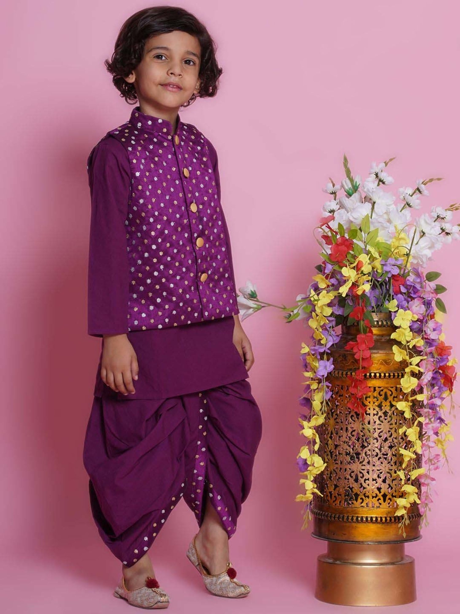 Little Bansi Boys Purple Cotton Self Full Sleeves Kurta Set