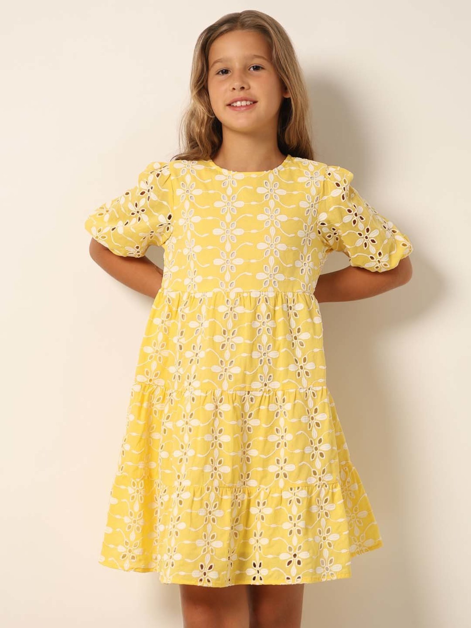 VERO MODA GIRL Yellow & White Cotton Embroidered Dress