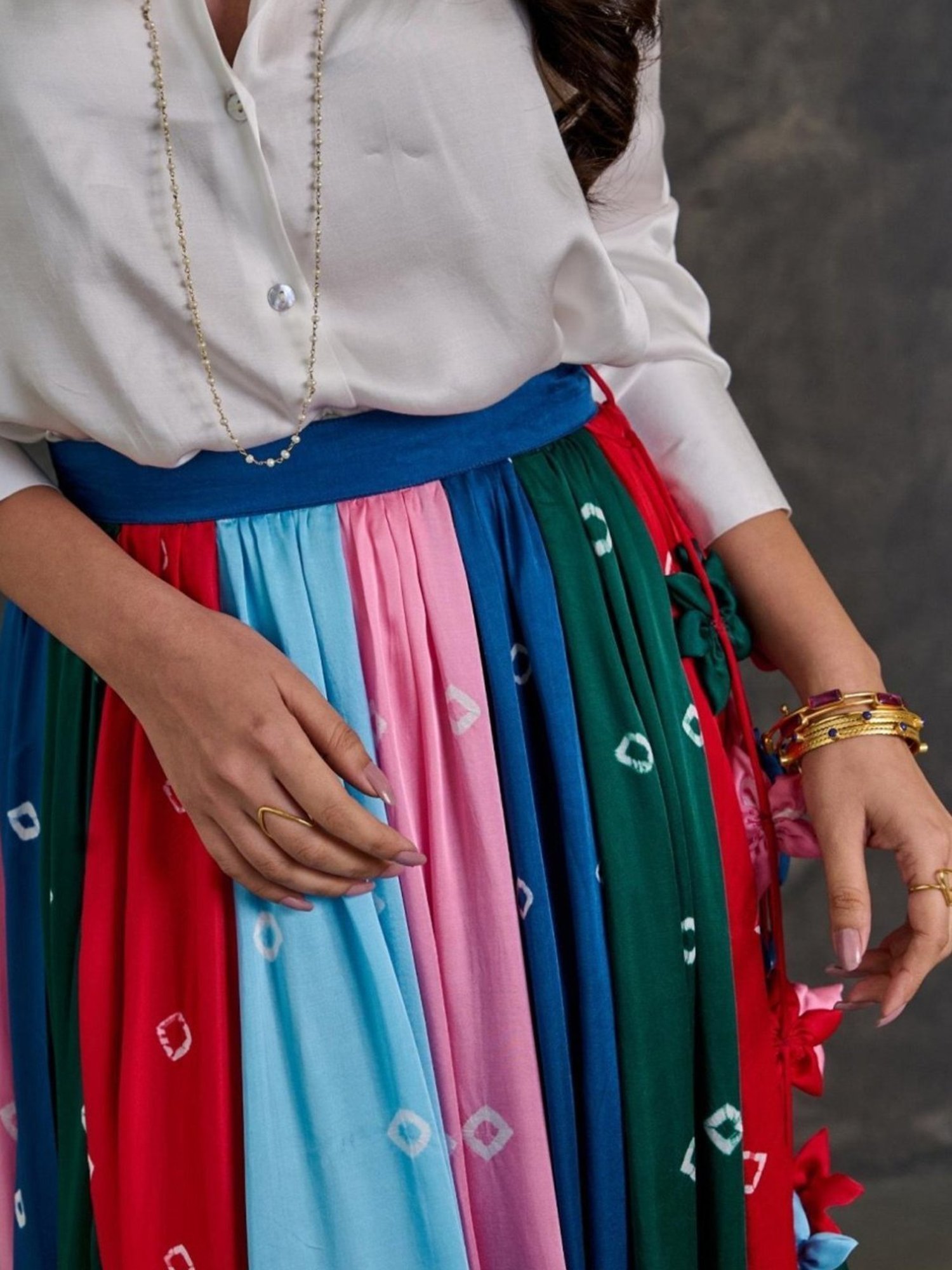 Gulaal White Shirt With Bandhani Modal Satin Skirt