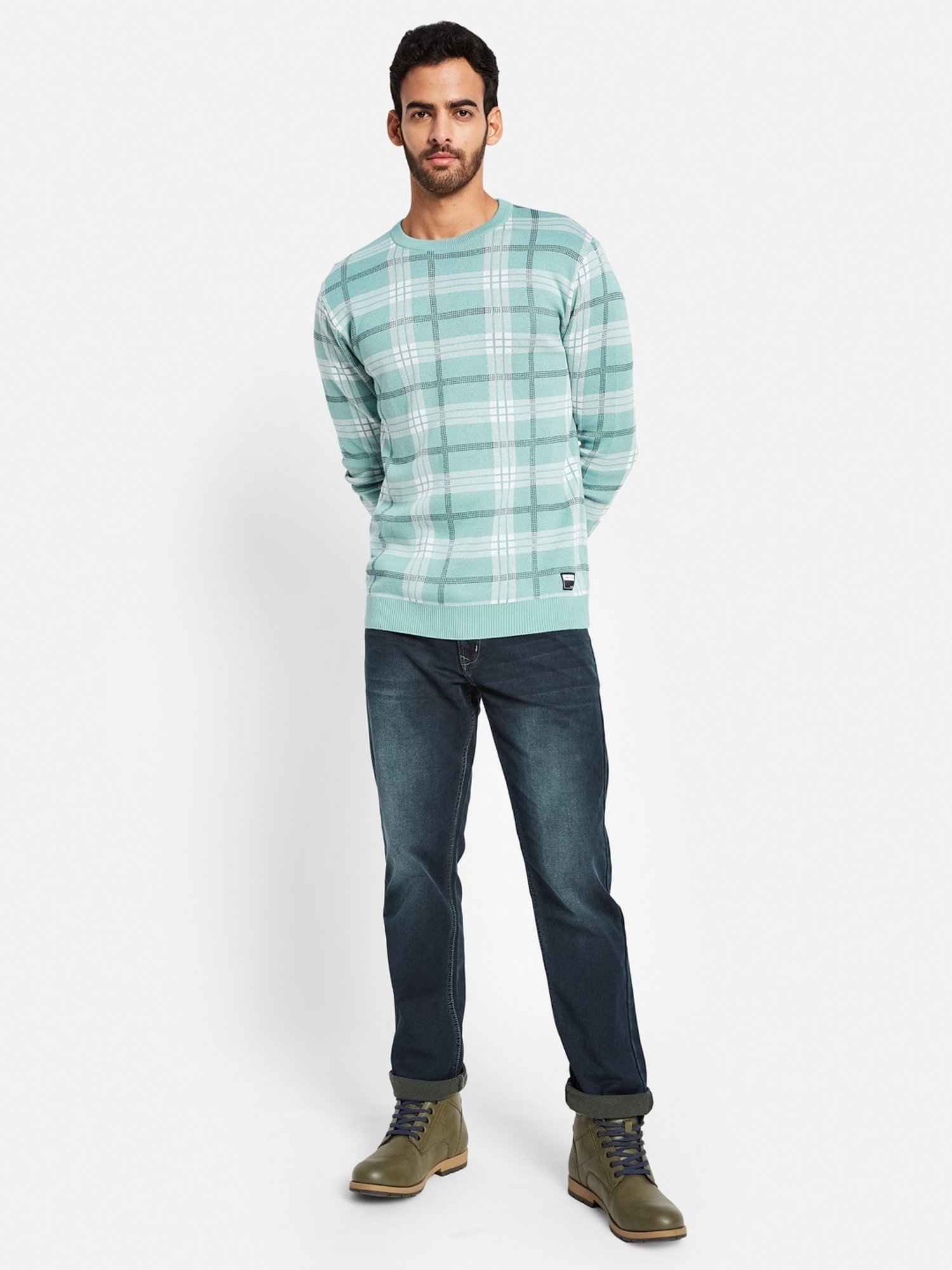 METTLE Light Teal Cotton Regular Fit Checks Sweater