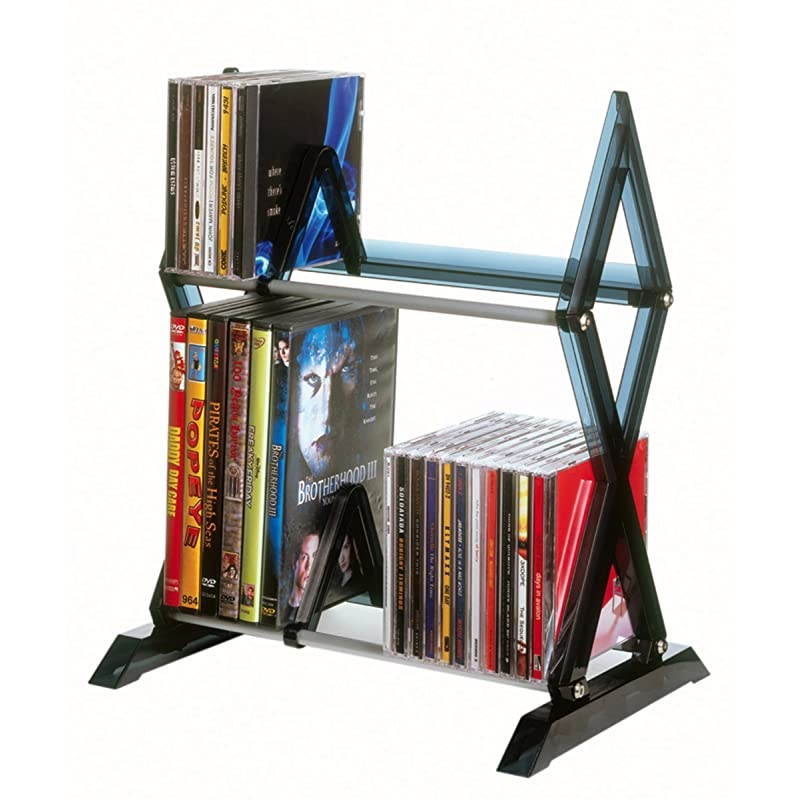 Element Media Storage Rack - Holds Up to 230 Cds or 150 DVDs, PN35535601 in Espresso & Mitsu 2-Tier Media Rack - 52 CDs or 36 DVD/BluRay/Games in Clear Smoke Finish, PN64835193