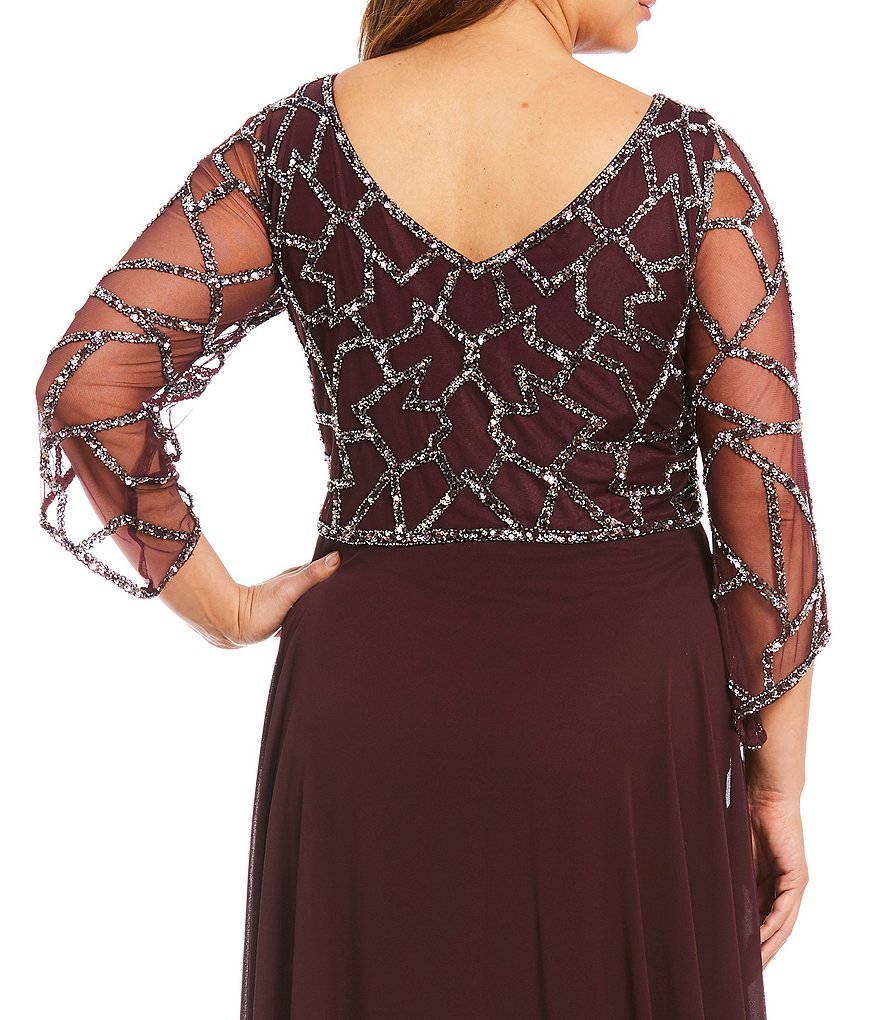 Jkara Plus Sequined V-Neck 3/4 Sleeve Gown