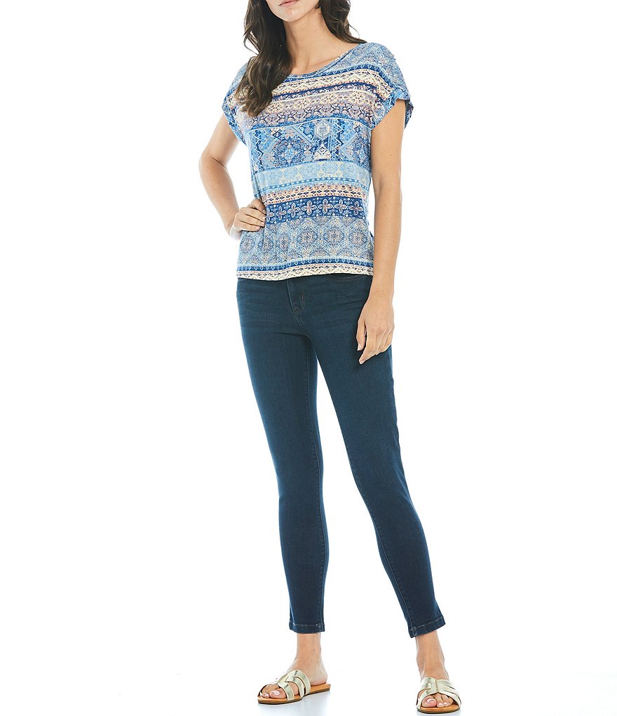 One World Apparel Ethnic Stripe Print Scoop Neck Ruched Extended Shoulder Sleeve Top