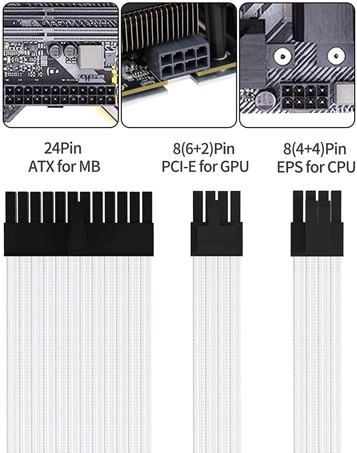 Power Supply Sleeved Cable, Extension PC Kit, 18AWG 24Pin ATX / 8 (4+4) Pin EPS / 8 (6+2) Pin PCI-E Power Supply PSU Cable with Combs, 30CM