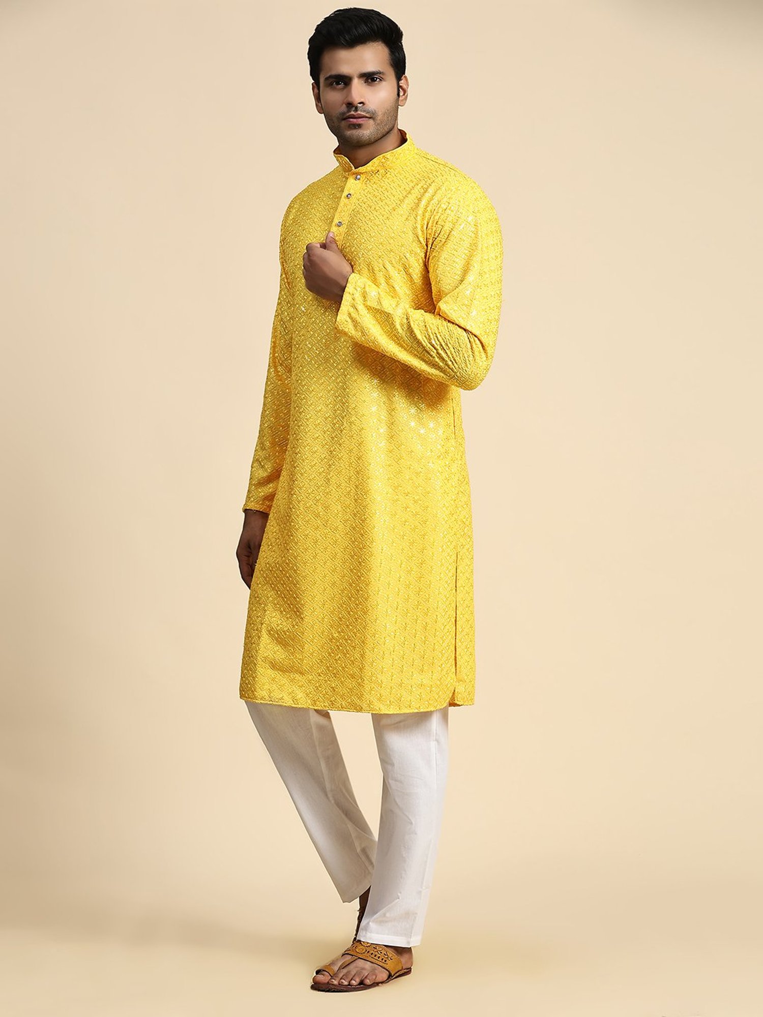 Pro-Ethic Style Developer Yellow & White Regular Fit Embroidered Kurta & Pyjamas Set