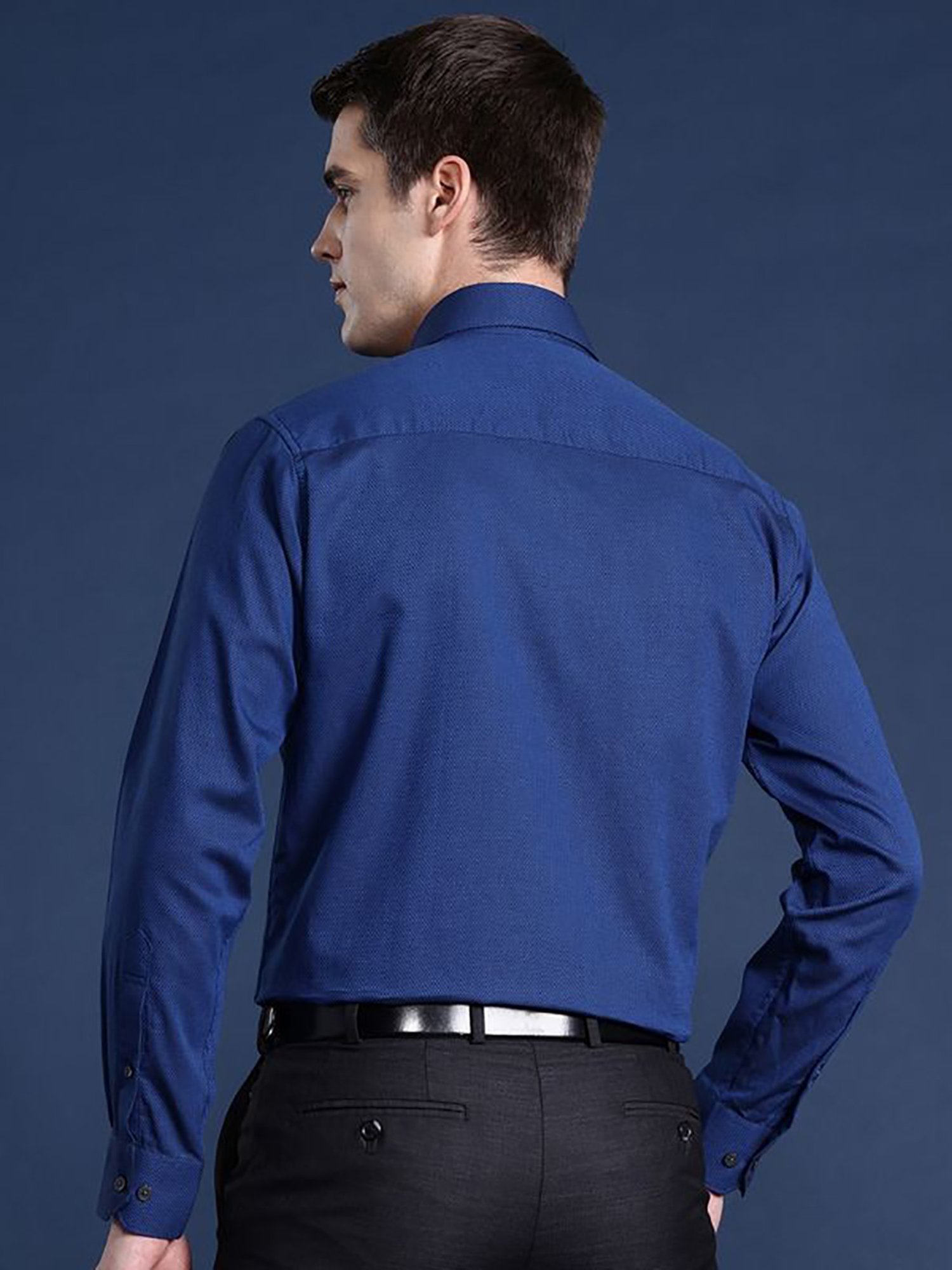 Hancock Navy Cotton Slim Fit Solid Shirts