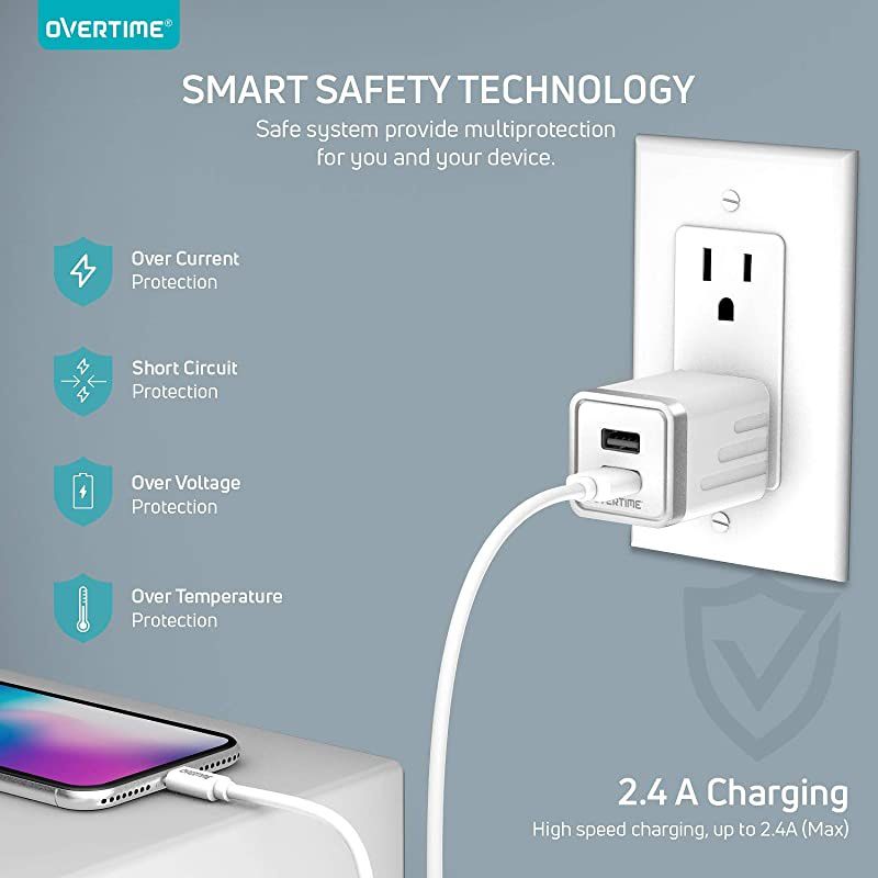 iPhone Charger and 6ft Cable  Apple MFi Certified Lightning Cable with Dual USB Wall Charger 24Amp Adapter for iPhone 11 Pro Max XS XR X 8 7 6S 6 Plus SE 5S 5C 5 AirPods iPad Silver