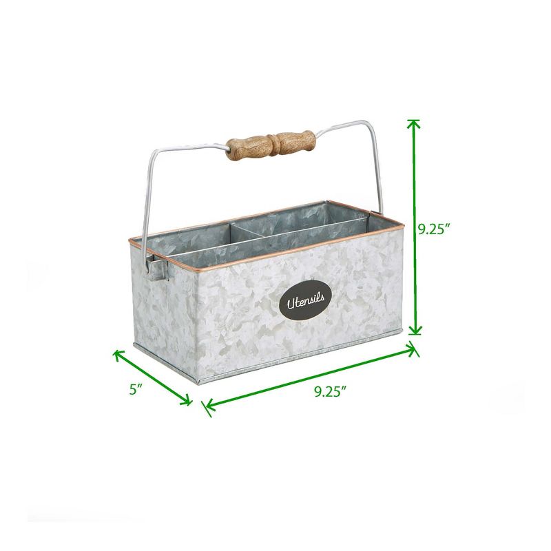 Mind Reader Wood & Galvanized Utensils Caddy, 3 Section Flatware Organizer, Silver