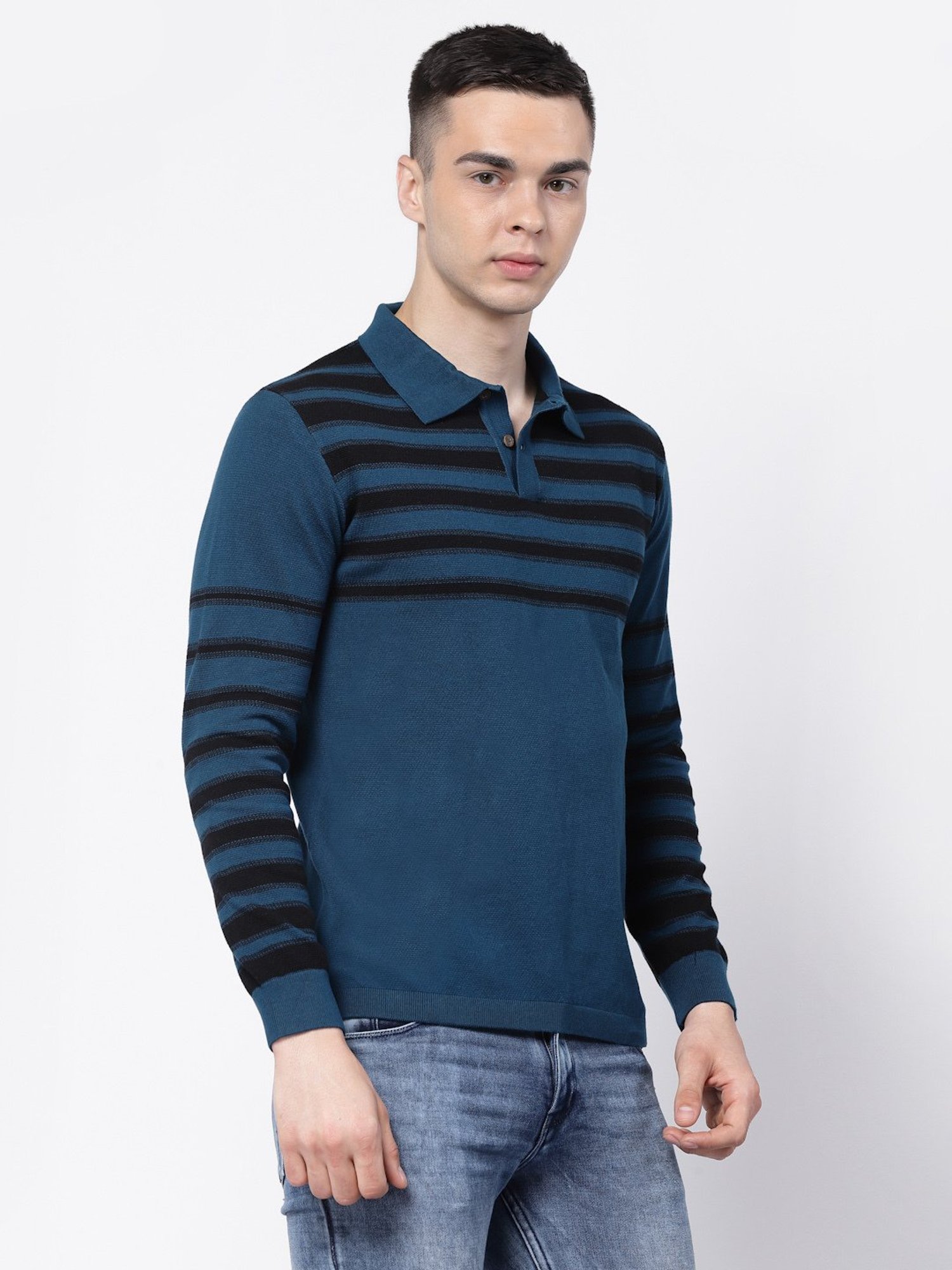 Kalt Teal & Black Regular Fit Striped Polo T-Shirt