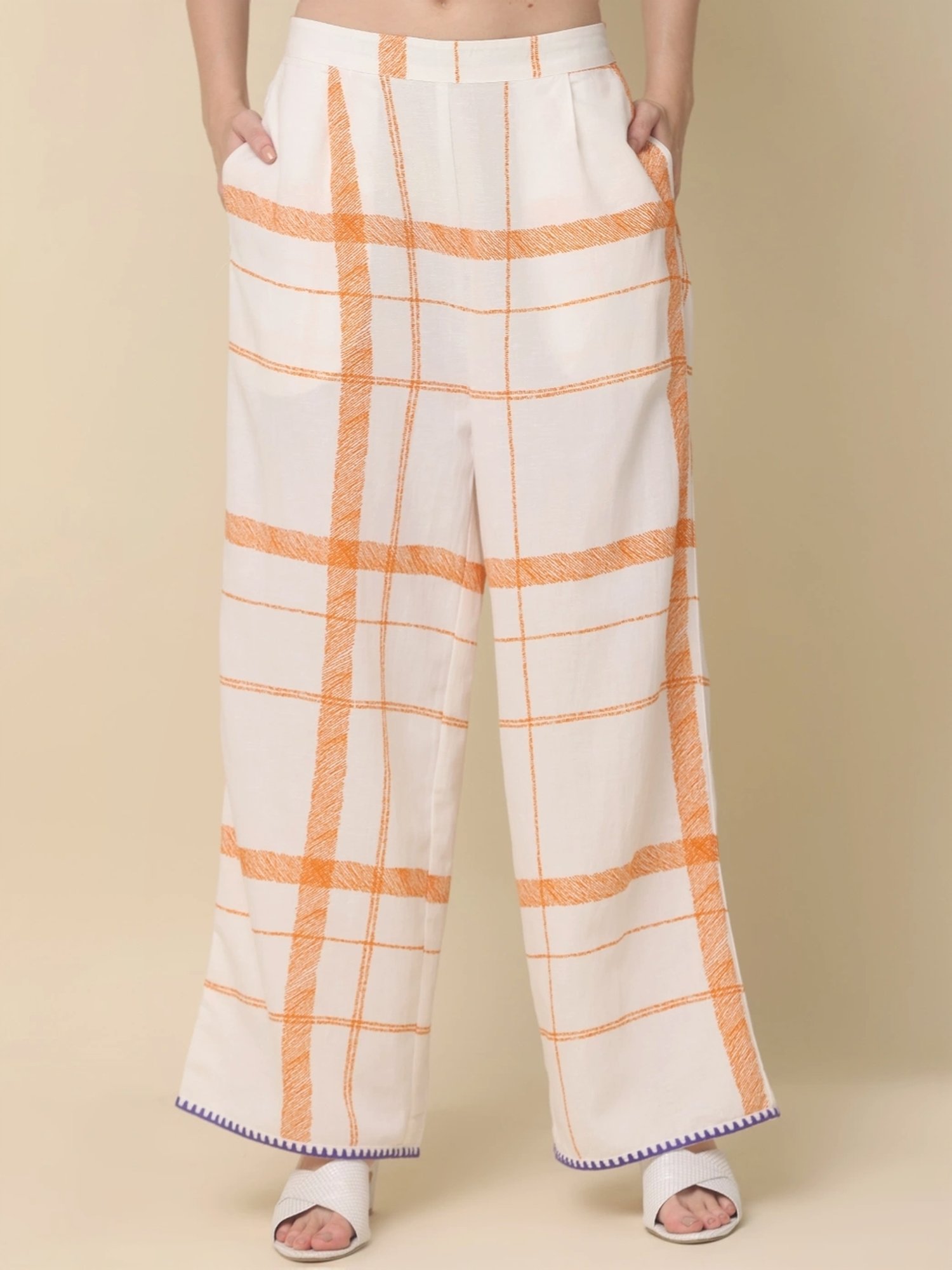 Zolo Label White Cotton Chequered Top Palazzo Set