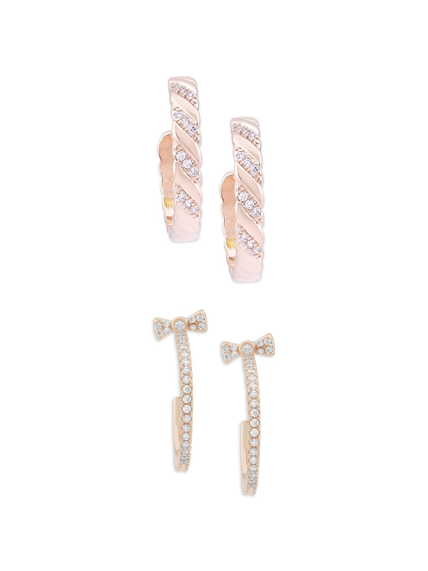 Zaveri Pearls Set of 2 Rose Gold Cubic Zirconia Contemporary Semi Hoop Earrings - ZPFK13364