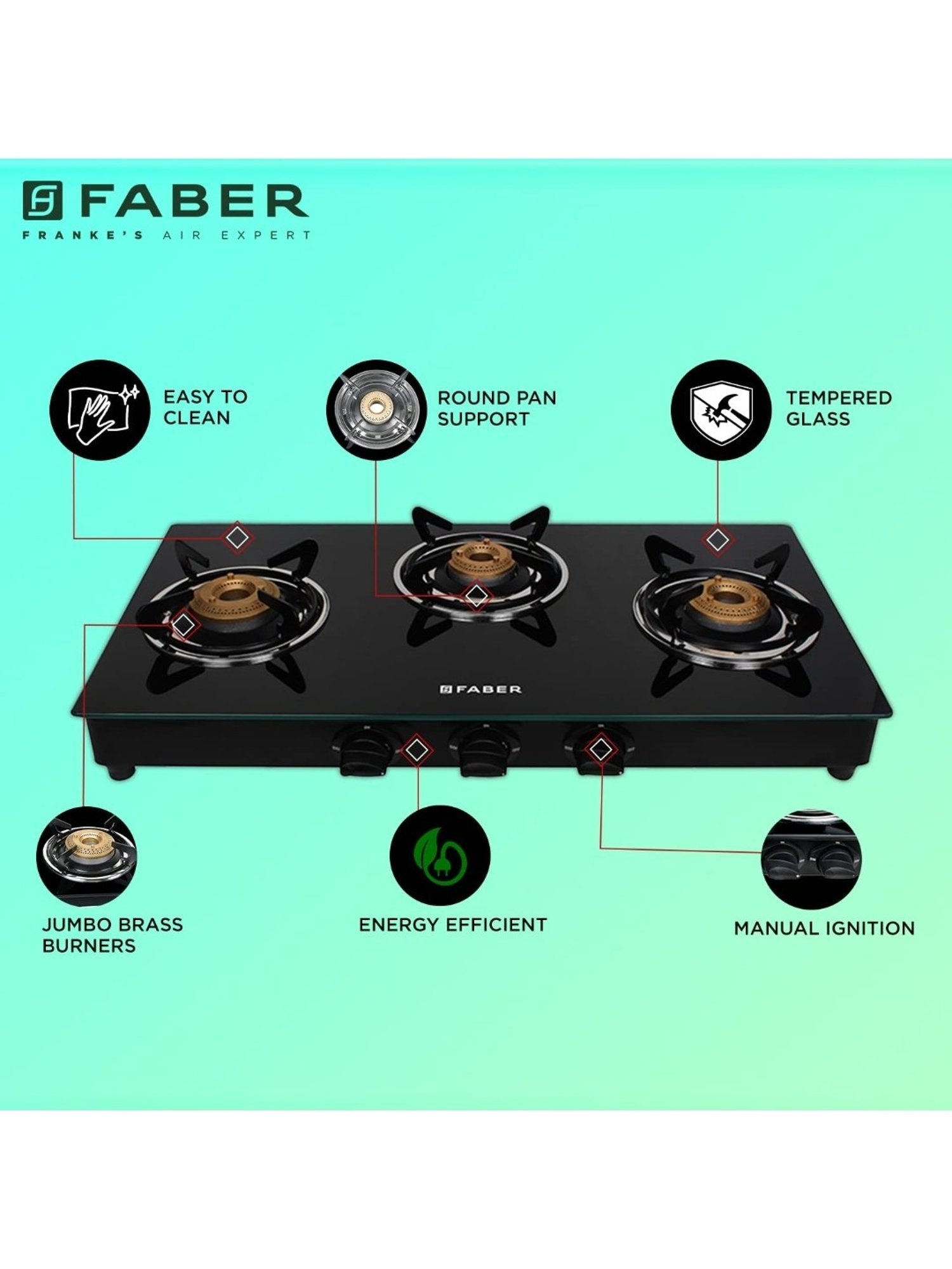 Faber Glass Top 3 Burner Gas Stove with Powder Coated Pan Support & Manual Ignition (Black)