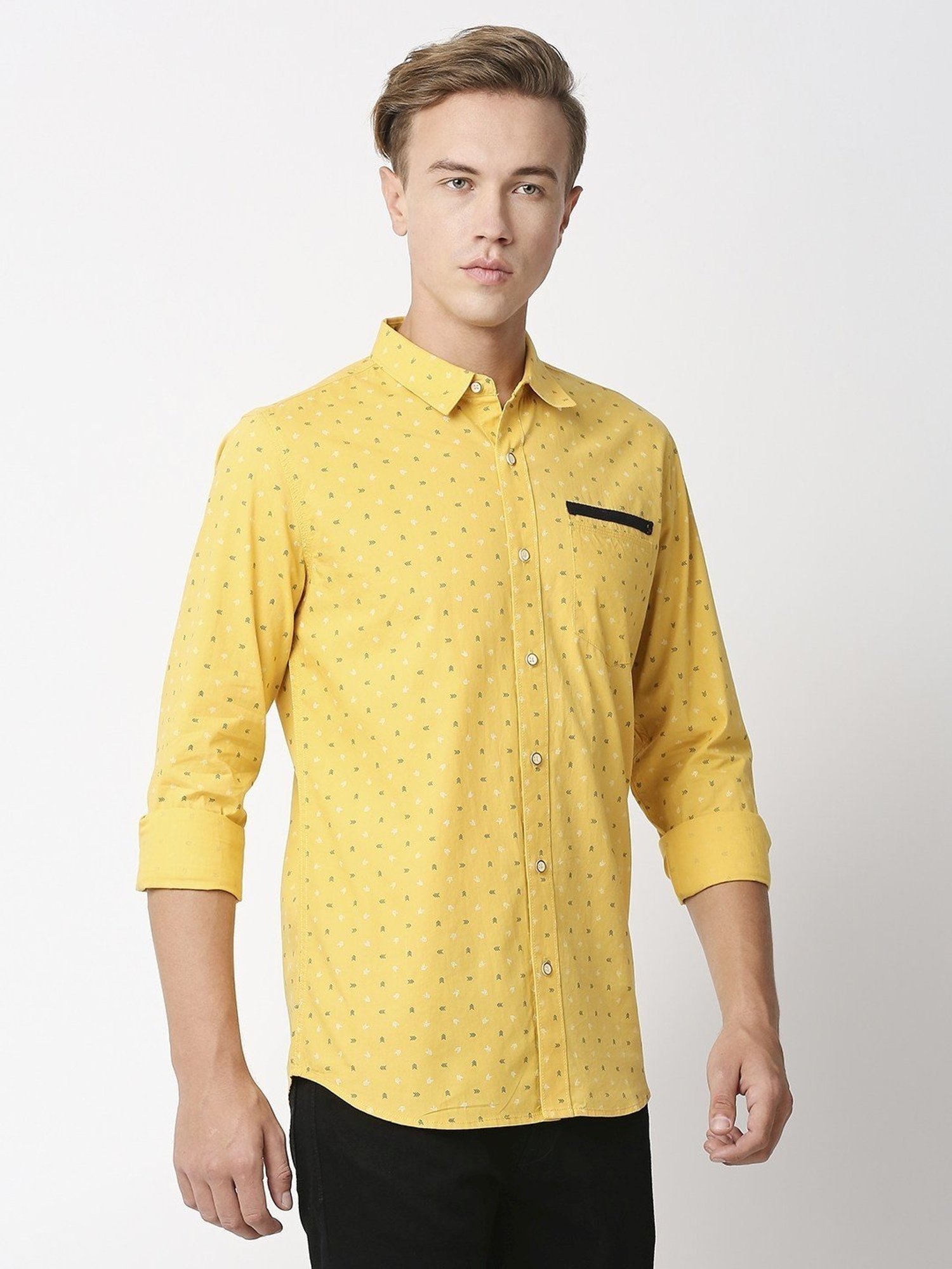 Solemio Yellow Slim Fit Printed Shirt