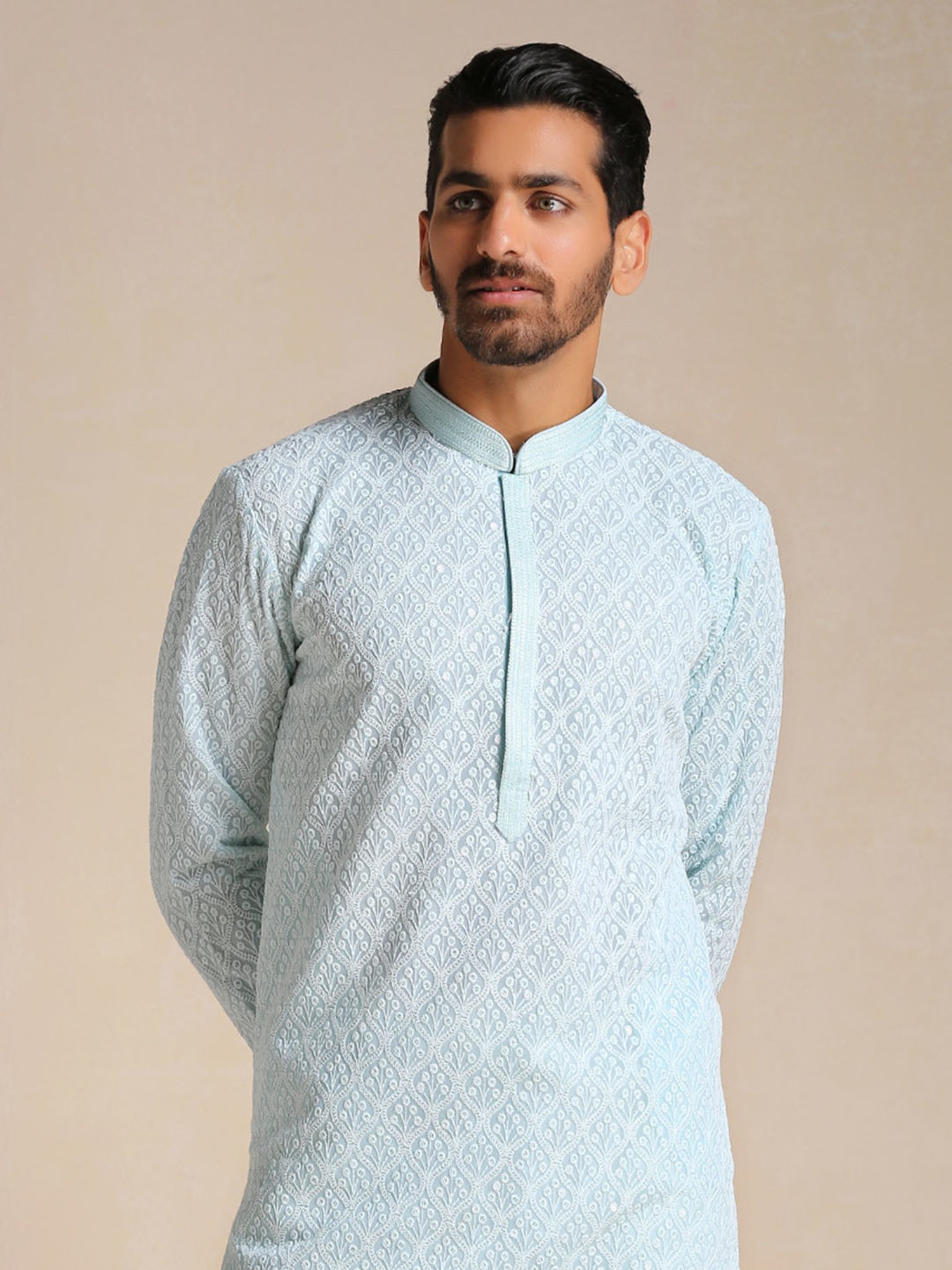 Manyavar Sky Blue & White Embroidered Kurta & Pyjama Set