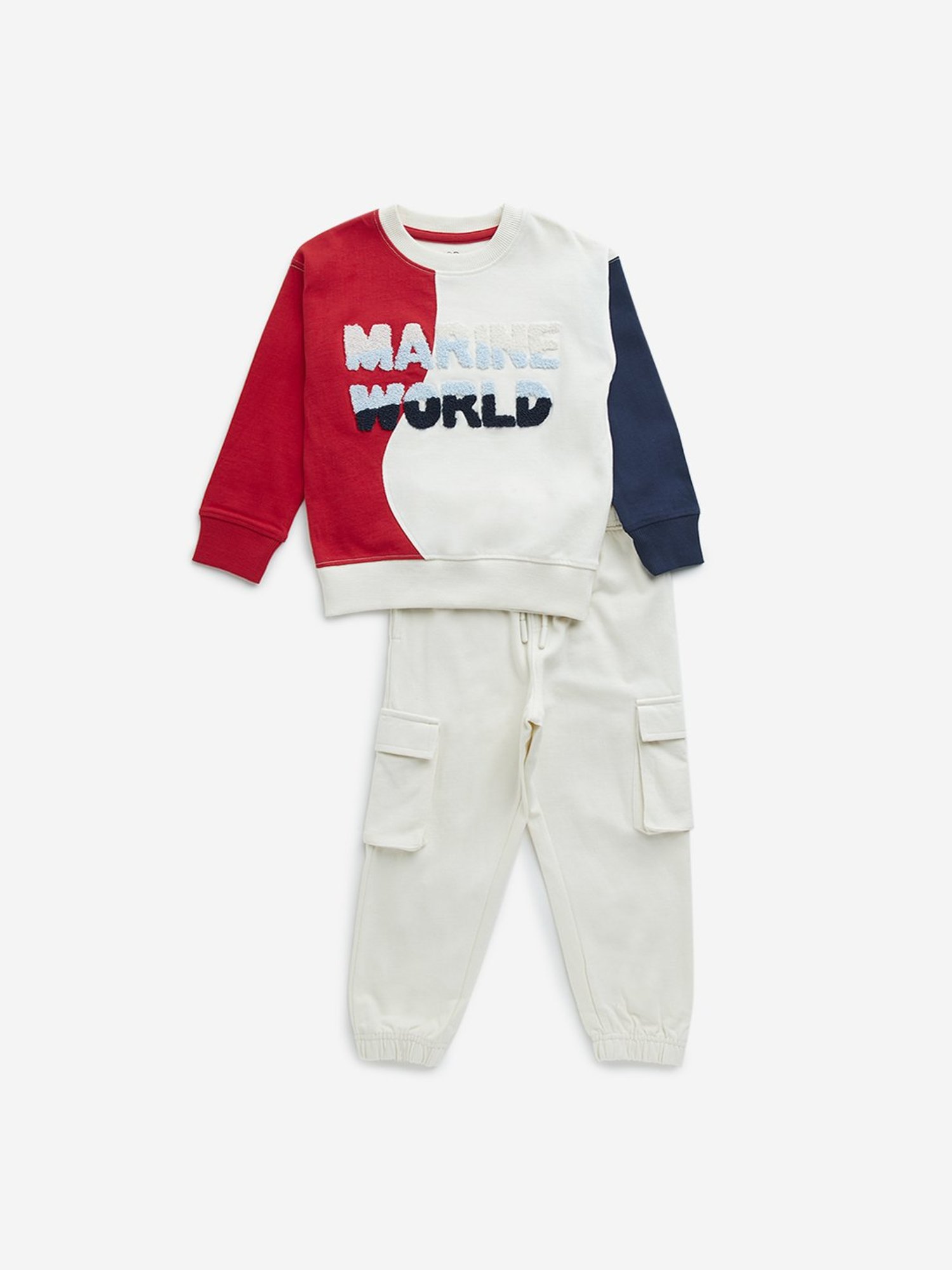 HOP Kids by Westside Beige & Red Cotton Sweatshirt and Joggers Set