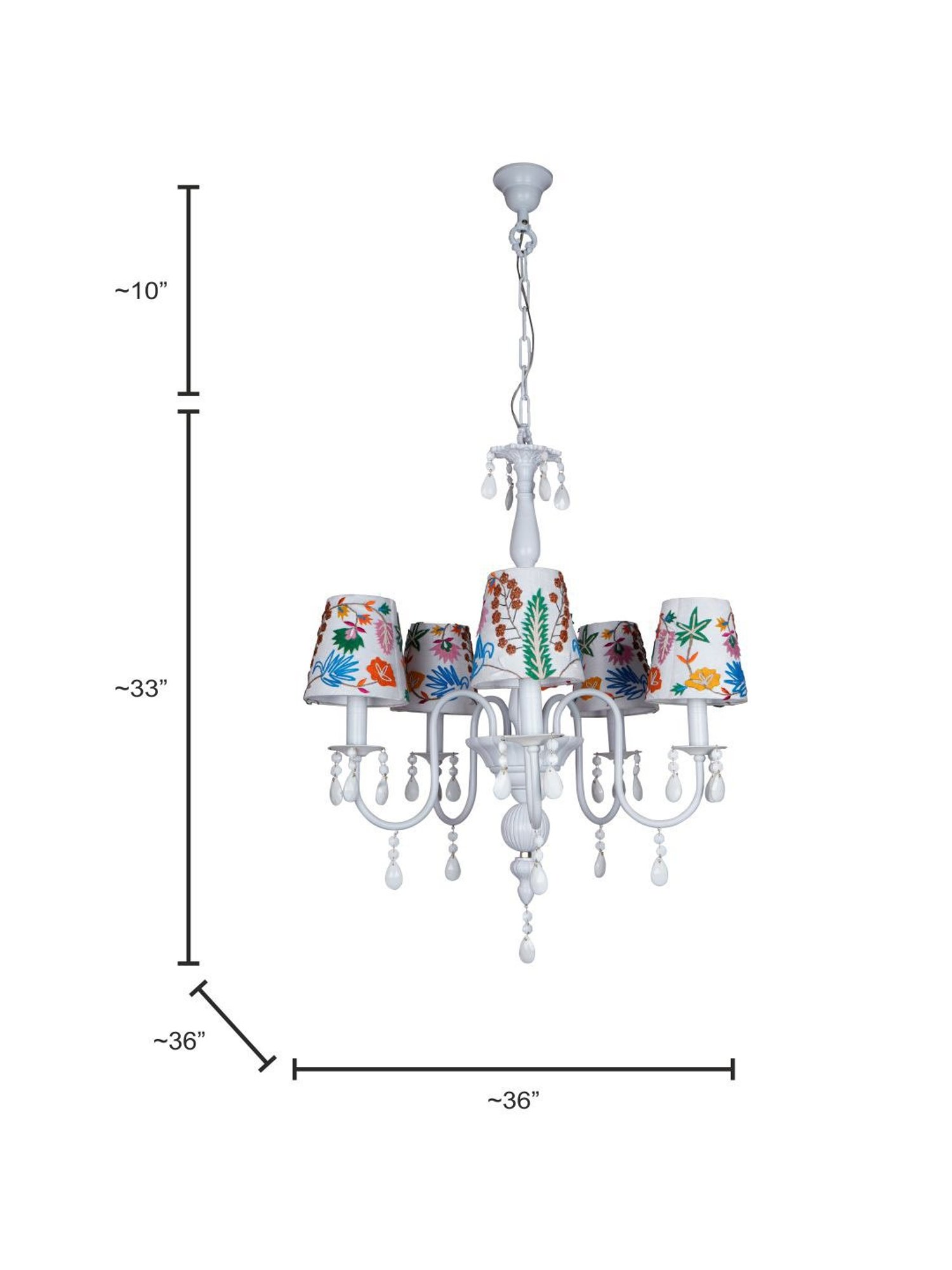 FOS LIGHTING Sparkling Blooms White Mild Steel 5 Light Chandelier with Embroidered Florals