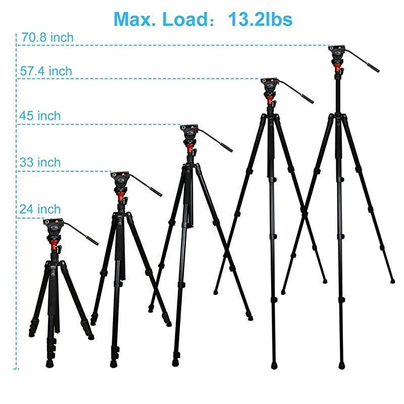Fluid Head Tripod,  Video Camera Tripod Monopod Aluminium Alloy 70.8 inch for Canon Nikon Sony DSLR Camera