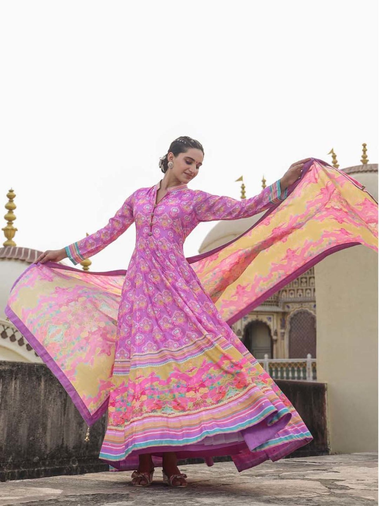 SCAKHI Purple Printed Maxi Dress With Dupatta