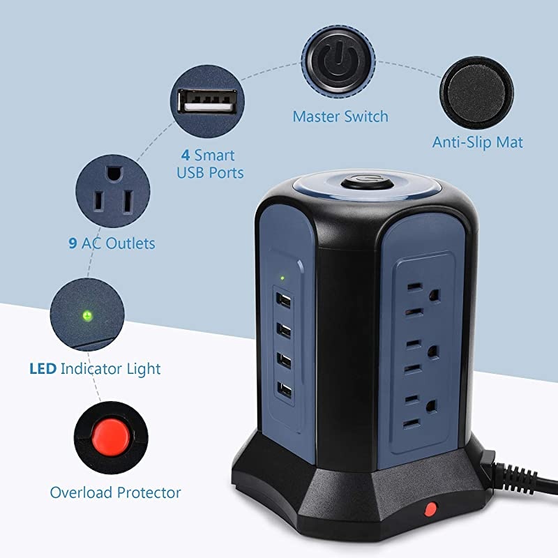 98Ft White Surge Protector Power Strip Tower 18AWG 10A Long Extension Cord with 9 AC Outlets 4 USB Ports Charging Station for Multiple Devices Fireproof Outlet for Home School Office