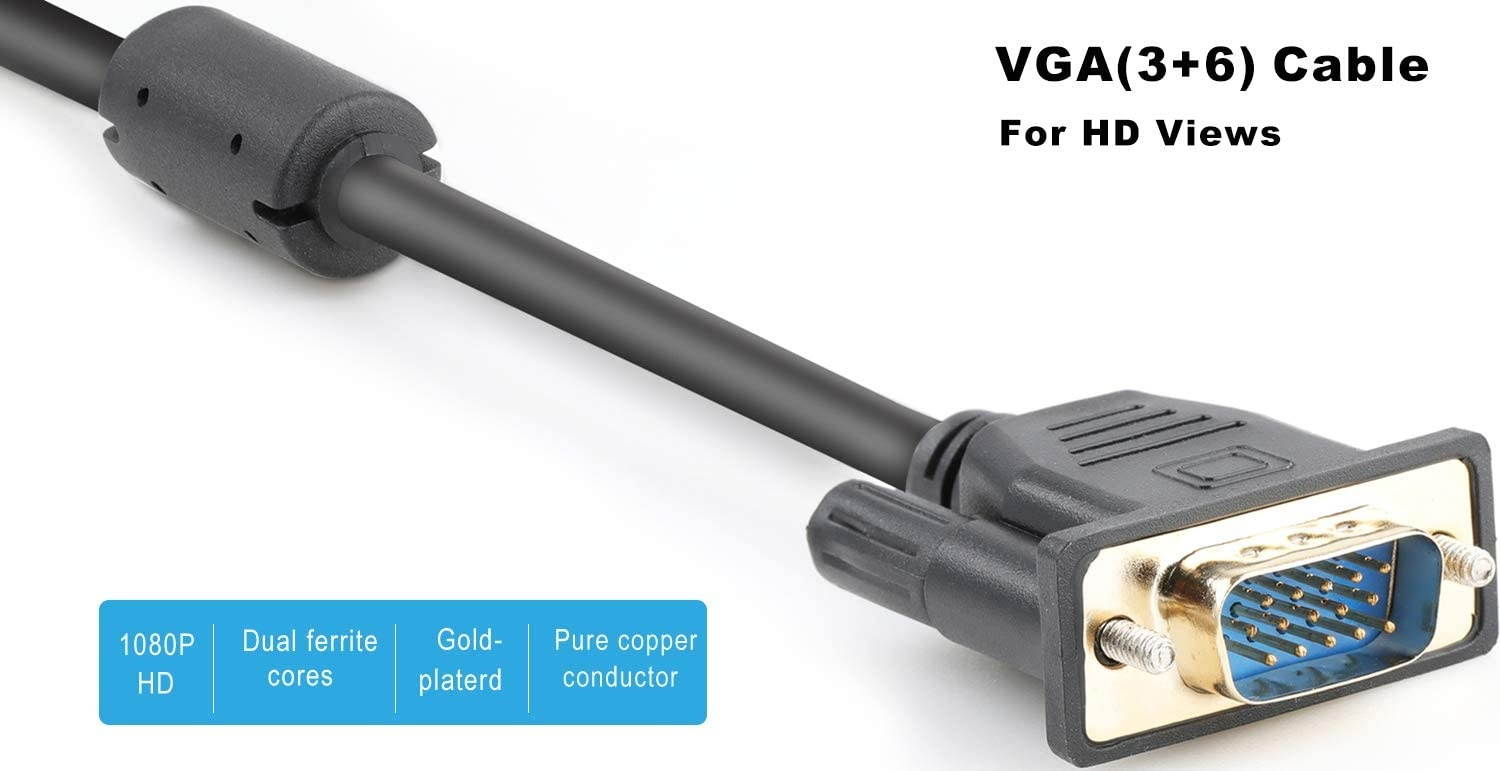 VGA to VGA Cable Nicekey Standard 15-pin VGA Male to Male Cable with Ferrites (3ft Straight/Straight)